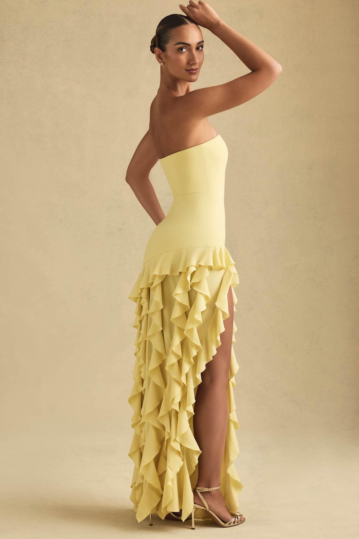 Ruffle-Trim Strapless Gown in Pastel Yellow Product Image