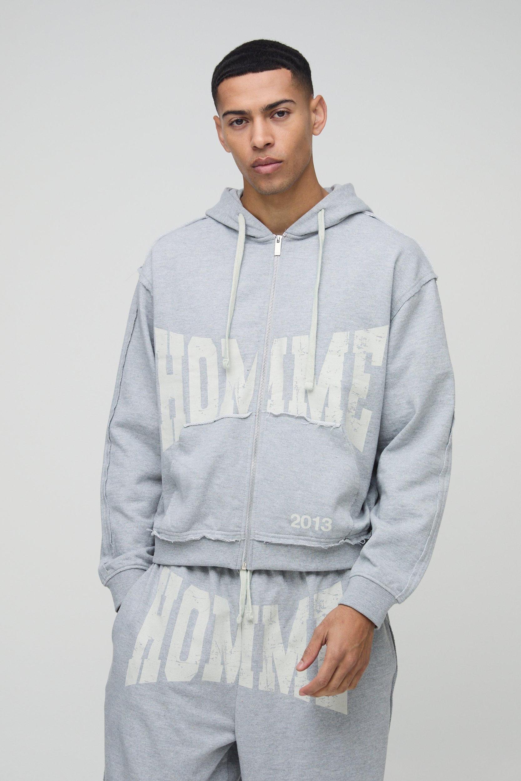 Oversized Boxy Homme Raw Seams Loopback Hooded Zip Through Loopback Tracksuit | boohooMAN USA Product Image