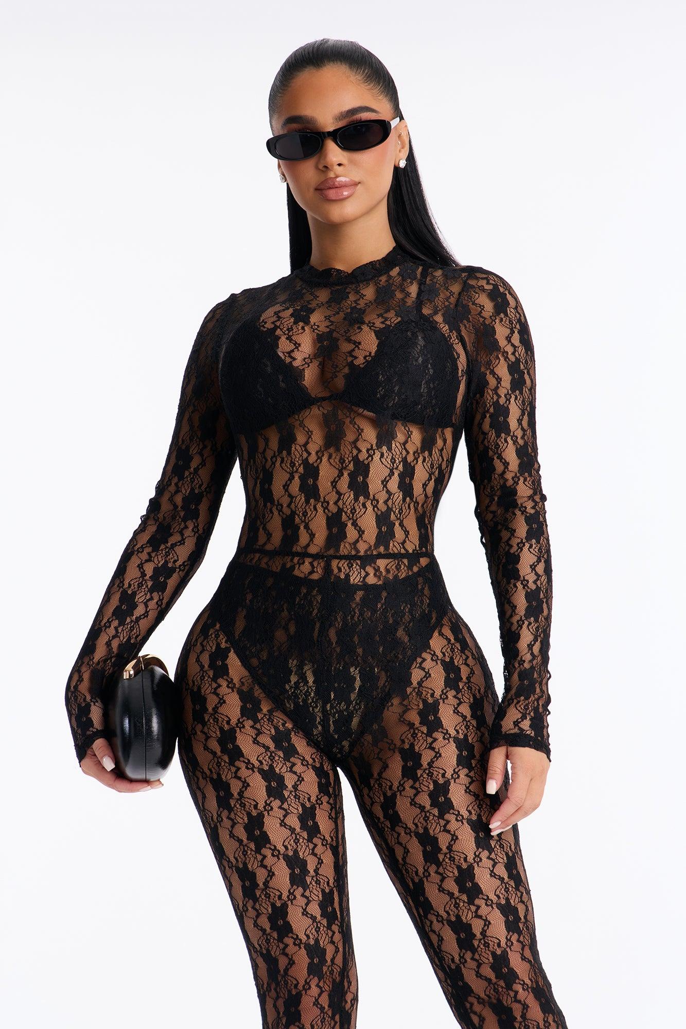 Angelica Lace Stirrup Catsuit 3 Piece Set - Black Female Product Image