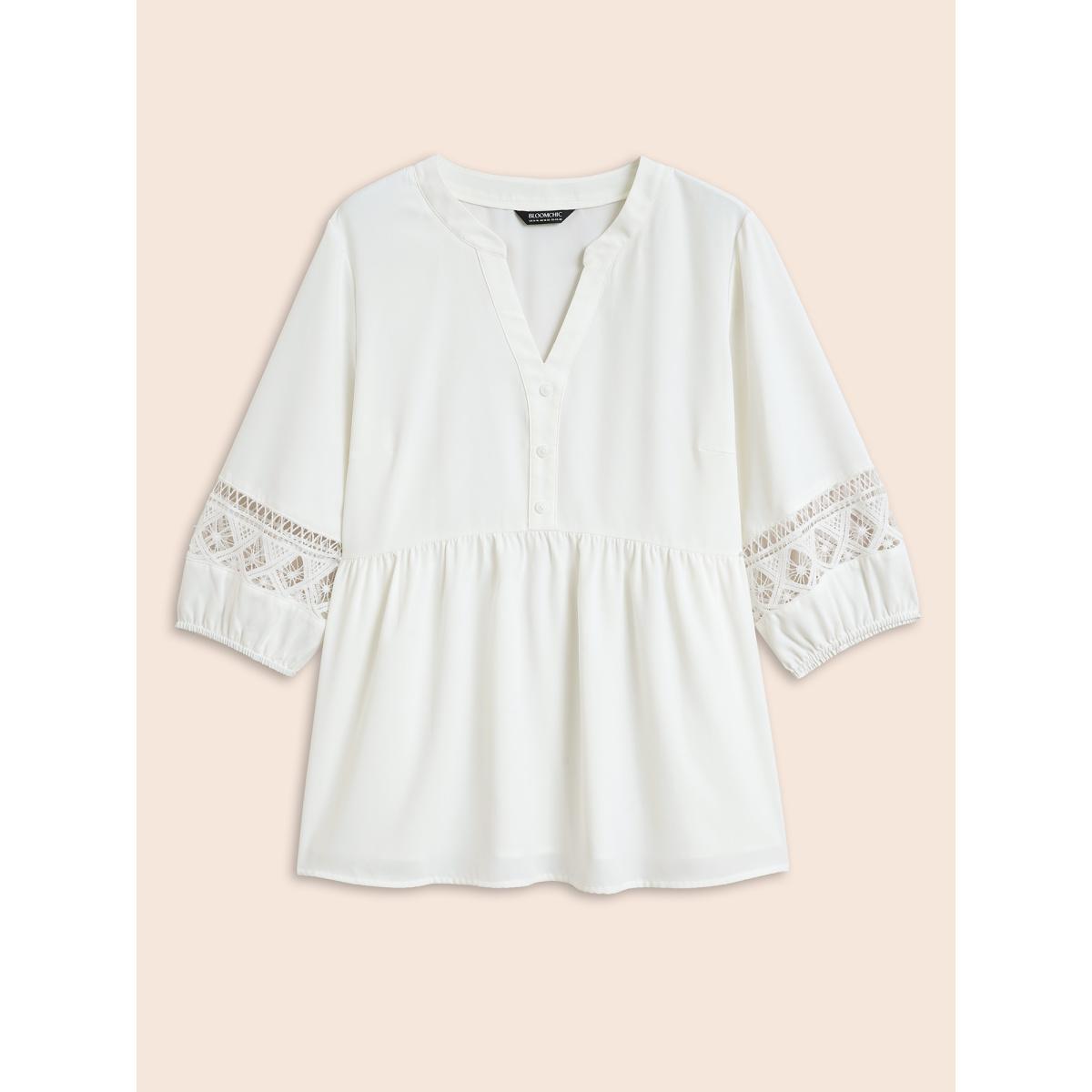 Plus Size WhiteSmoke Notched Patchwork Cut Out Lantern Sleeve Blouse Women At the Office Elbow-length sleeve Flat collar with V-notch Office Blouses BloomChic 30/6X Product Image