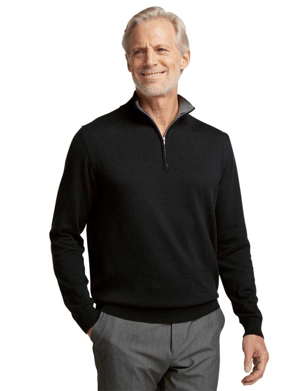 Supima Cotton Quarter Zip Mock Neck Sweater - Black Product Image