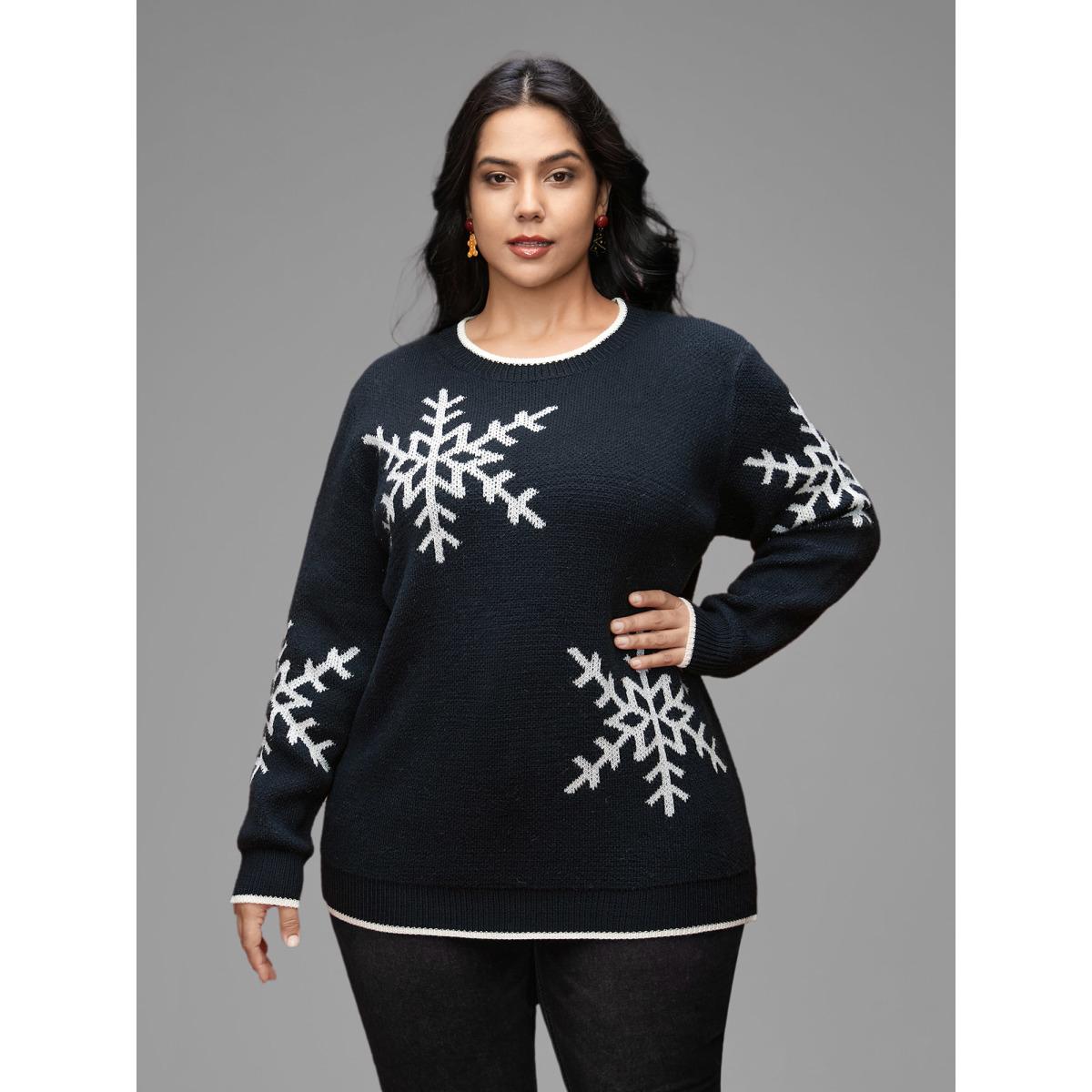 Plus Size Snowflakes Pattern Contrasting Hem Pullover Indigo Women Casual Loose Long Sleeve Round Neck Everyday Pullovers BloomChic 12/L Product Image