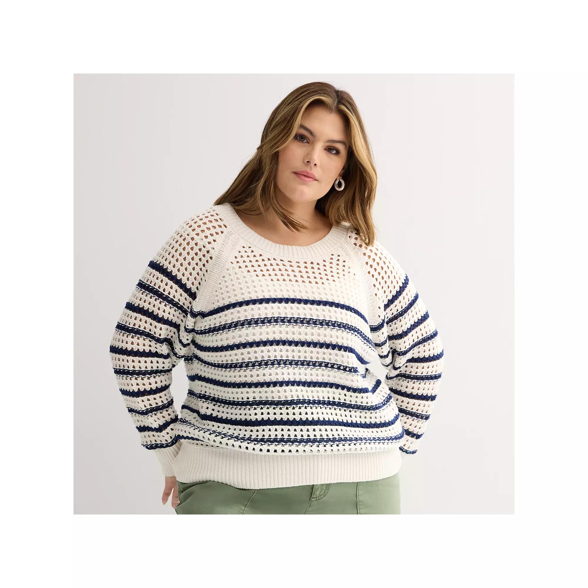 Plus Size Sonoma Goods For Life® Open Stitch Pullover, Women's, Size: 5XL, Ivory Navy Stripe Product Image