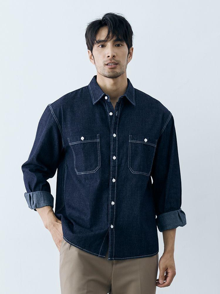 Long Sleeve Collared Washed Denim Shirt Product Image