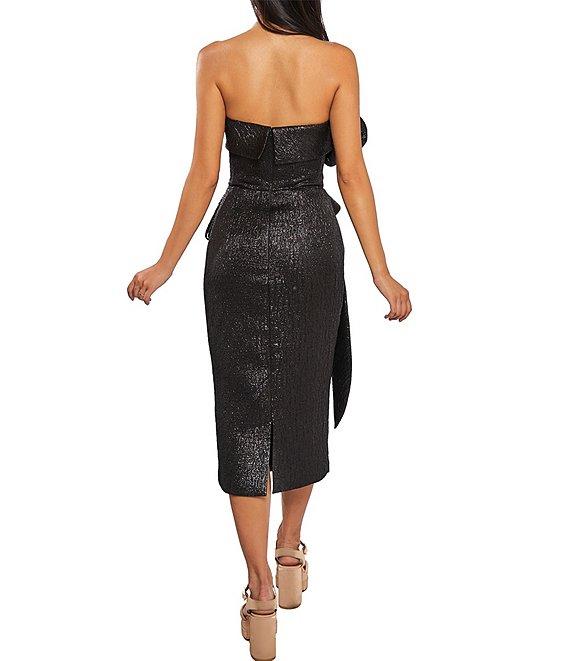 Terani Couture Metallic Strapless Sleeveless Ruffle Bodice Peplum Waist Midi Sheath Dress Product Image