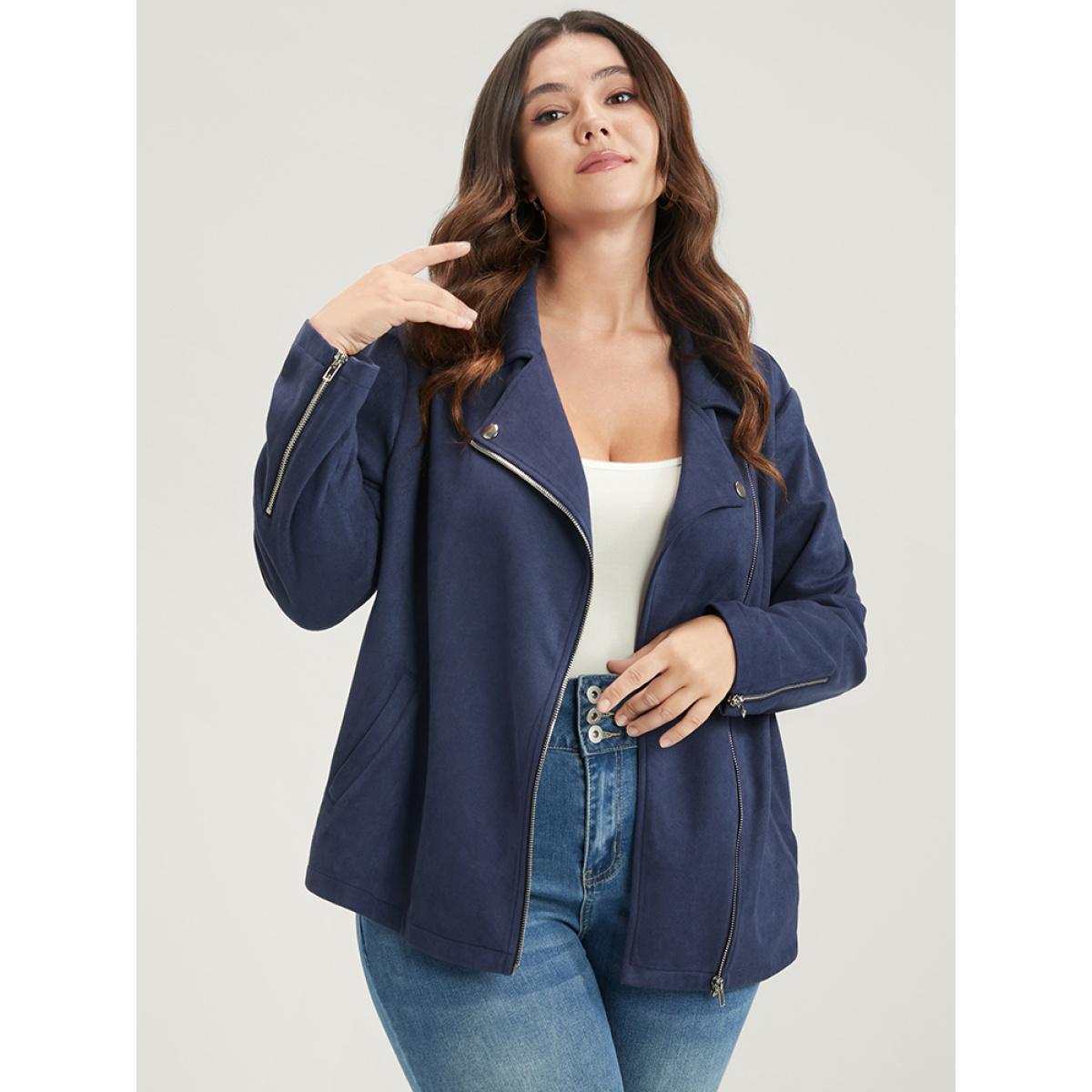 Plus Size Solid Lapel Collar Pocket Zip Up Coat Women Indigo Casual Zipper Ladies Dailywear Winter Coats BloomChic 14-16/1X Product Image