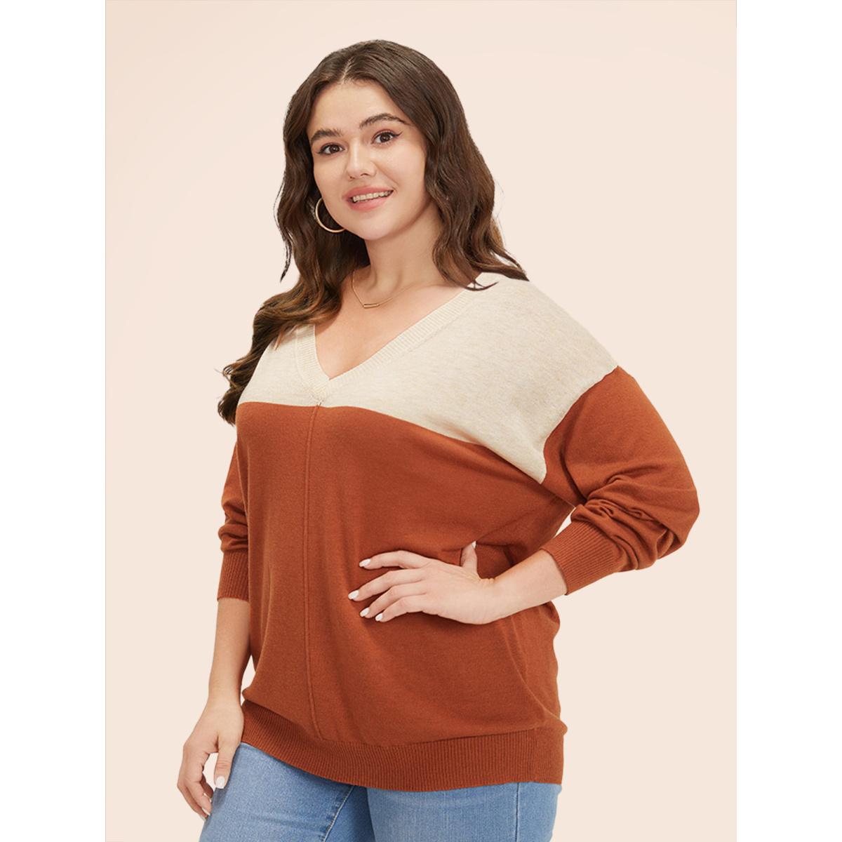 Plus Size Supersoft Essentials Colorblock Two Tone Patchwork V Neck Pullover Chocolate Women Leisure Loose Long Sleeve V-neck Casual Pullovers BloomChic 14-16/1X Product Image