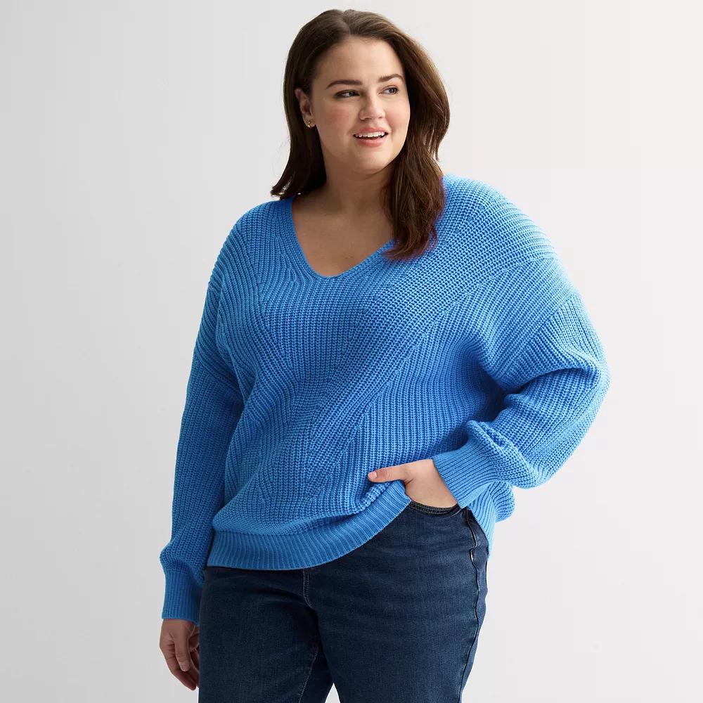Plus Size Sonoma Goods For Life Mixed Stitch V-Neck Sweater, Women's, Size: 3XL, Purple Product Image