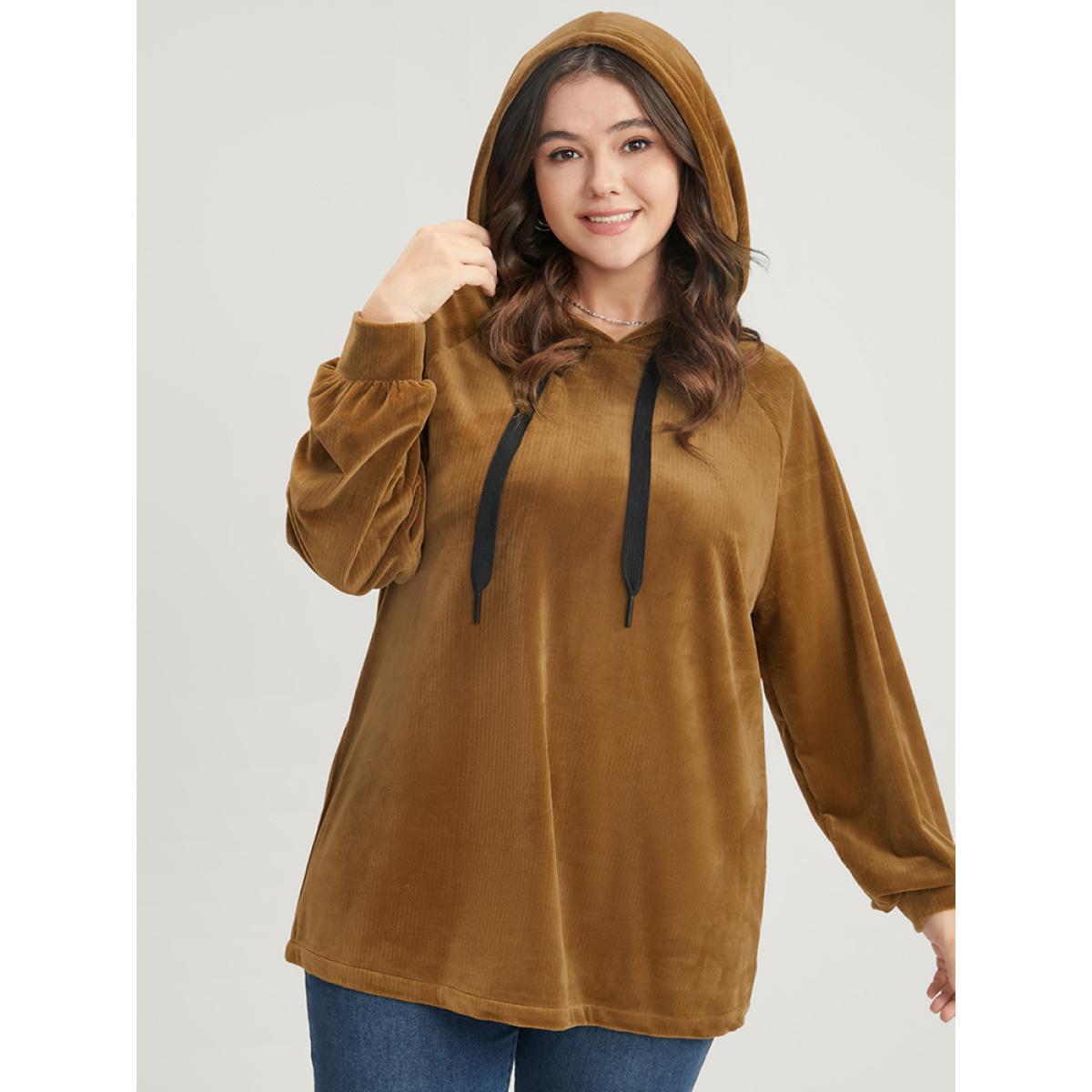 Plus Size Solid Corduroy Drawstring Hooded Sweatshirt Women DarkBrown Casual Drawstring Hooded Dailywear Sweatshirts BloomChic 12/L Product Image