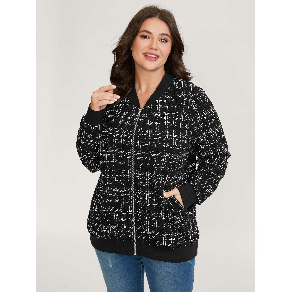 Plus Size Tweed Color Contrast Zipper Jacket Women Black Leisure Contrast Ladies Casual Winter Coats BloomChic 10/M Product Image