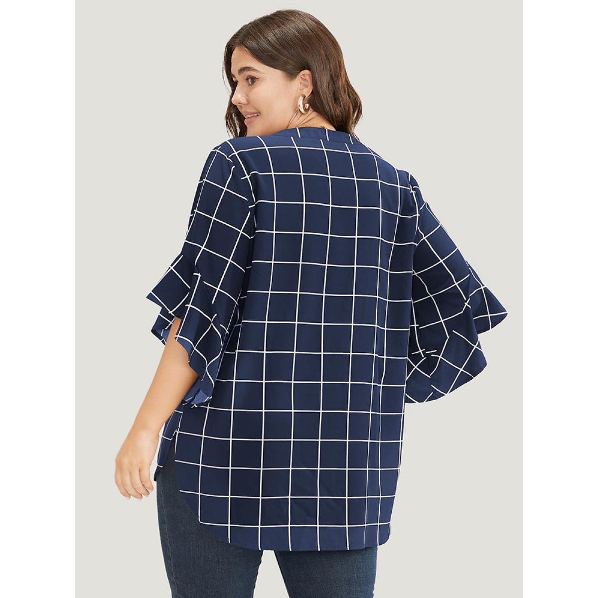 Plus Size Blue Plaid Notched Button Up Ruffle Sleeve Split Hem Blouse Women Office Elbow-length sleeve Notched collar Office Blouses BloomChic 10/M Product Image