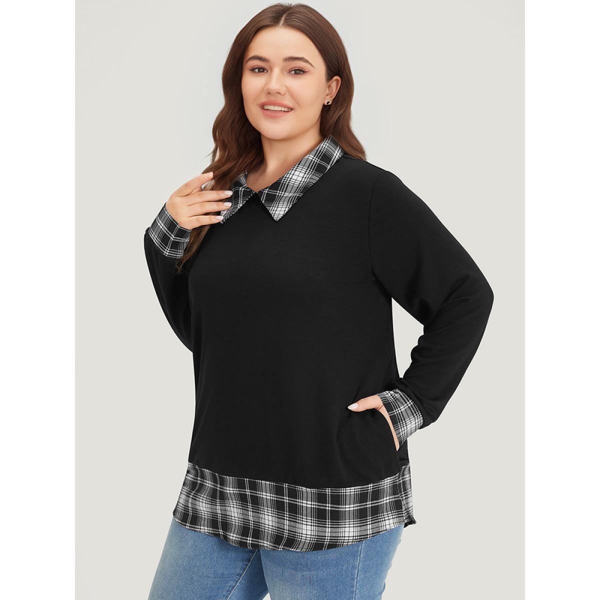 Plus Size Plaid Patchwork Shirt Collar Arc Hem Sweatshirt Women Black Casual Patchwork Polo Dailywear Sweatshirts BloomChic 28/5X Product Image