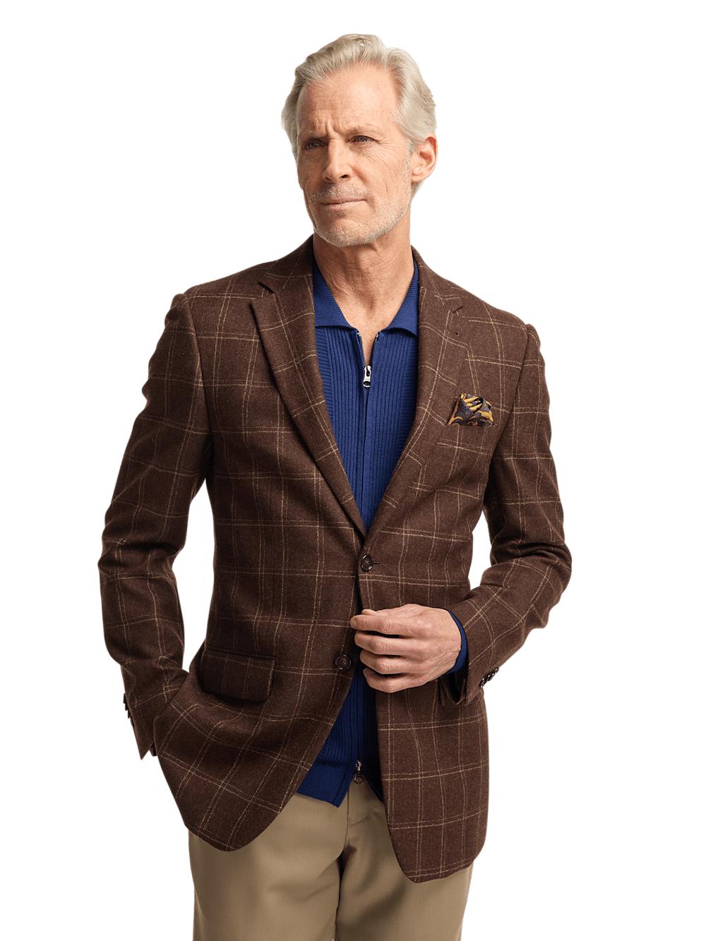 Wool Plaid Single Breasted Notch Lapel Sport Coat - Brown Product Image