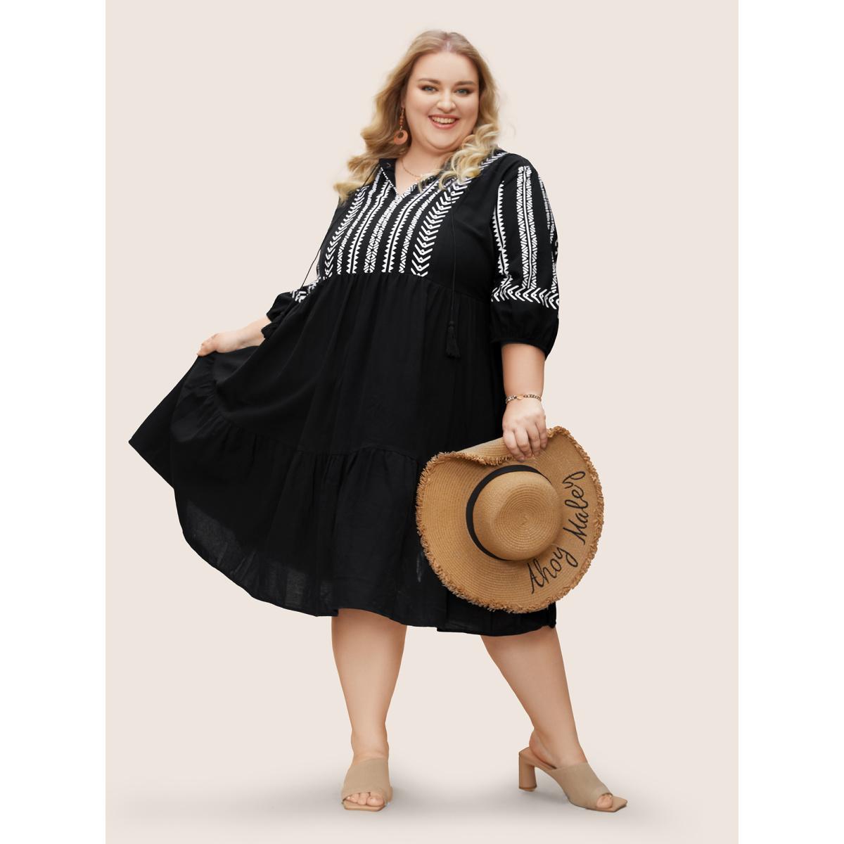 Plus Size Cotton Geometric Bandana Print Tassel Trim Dress Black Women Boho Non V-neck Short sleeve Curvy Knee Dress BloomChic 22-24/3X Product Image