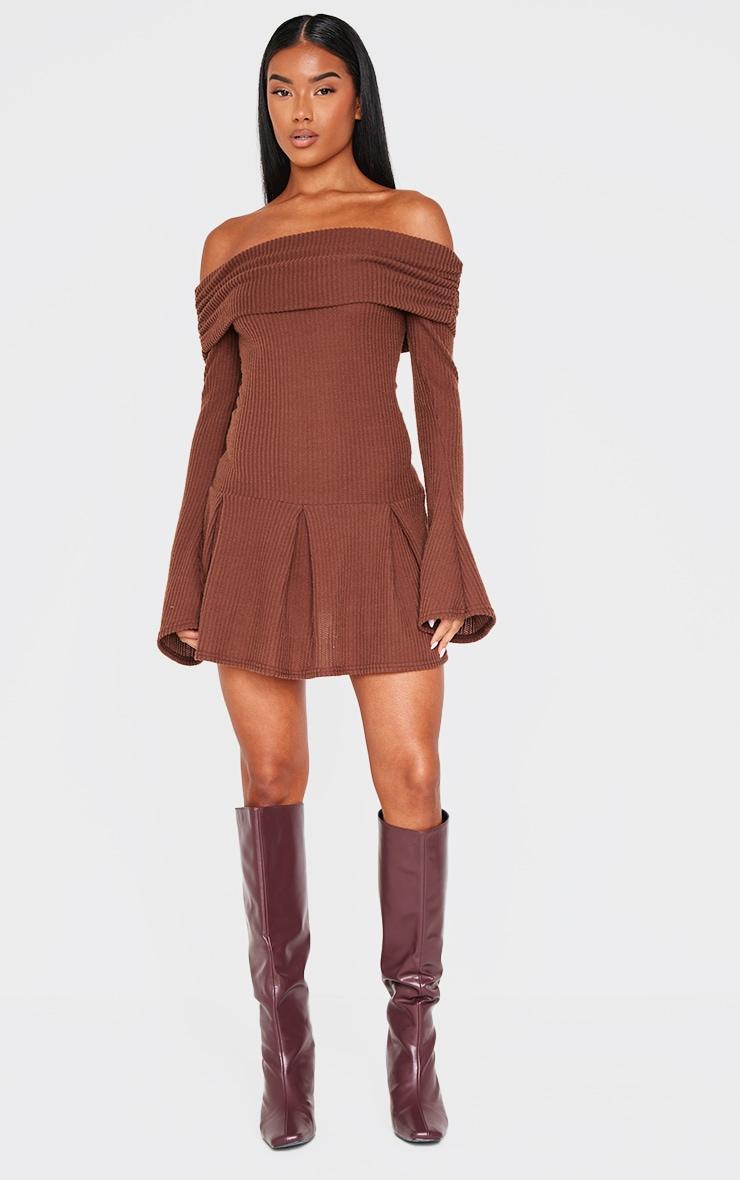 Chocolate Waffle Textured Bardot Pleated Shift Dress Product Image
