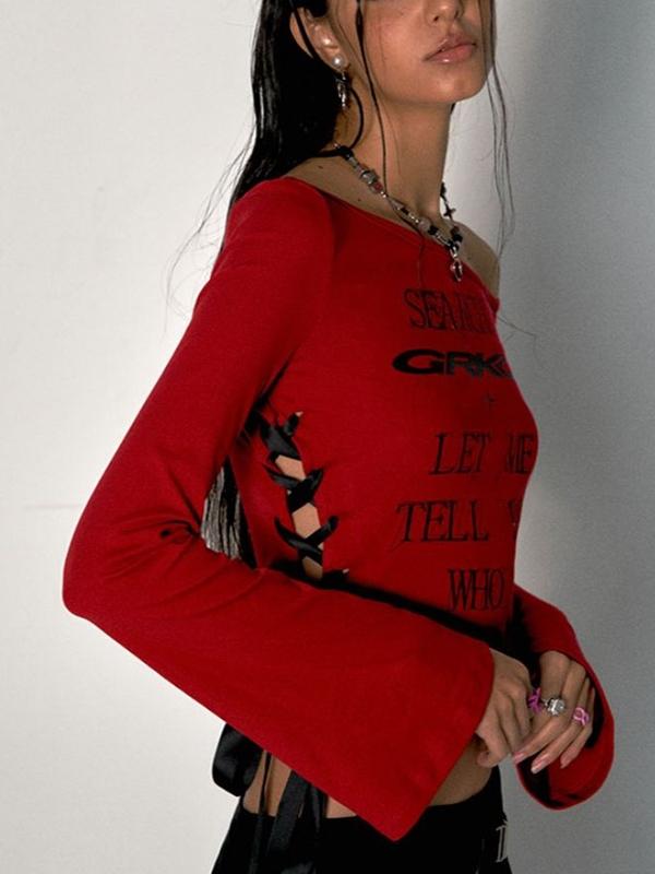 Y2K One Shoulder Letter Print Tie Up Long Sleeve Tee Product Image