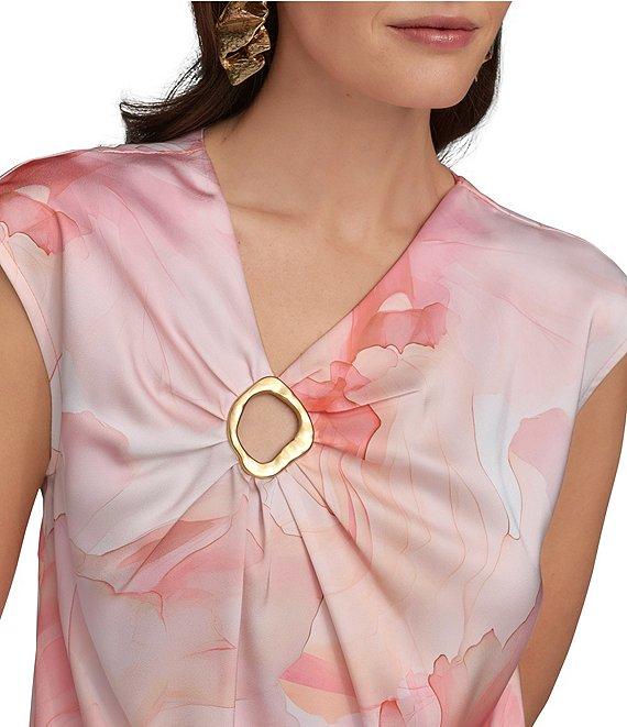 Donna Karan Cap Sleeve Printed Gold Hardware Keyhole Blouse Product Image