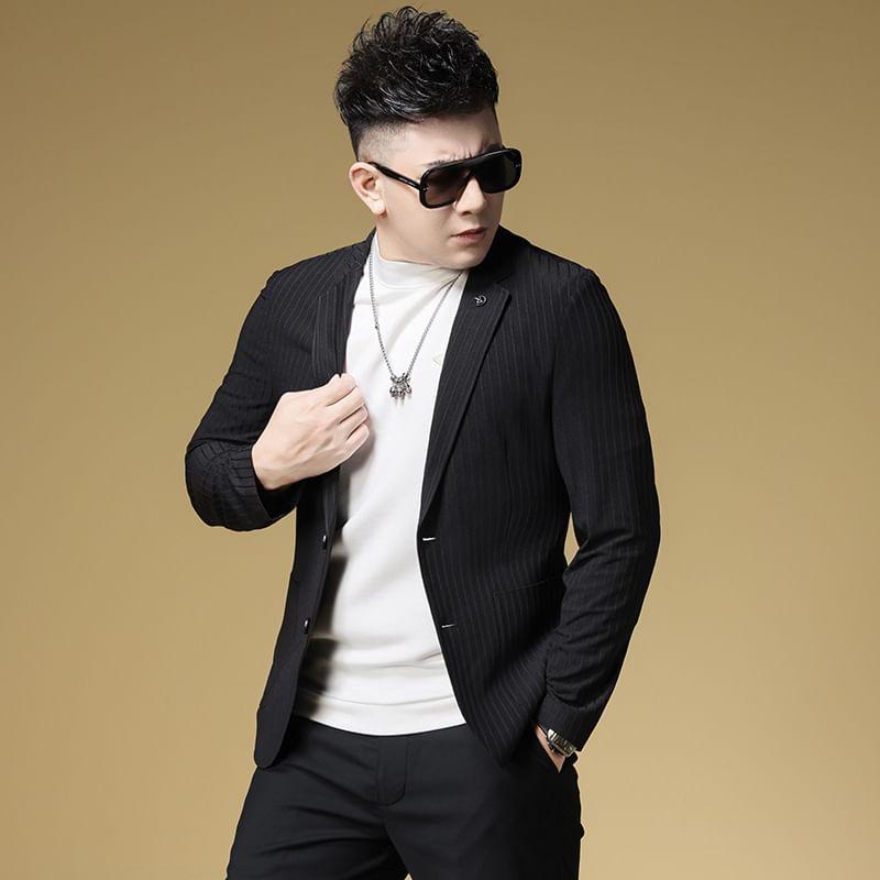 Striped Button-Up Slim Fit Blazer Product Image