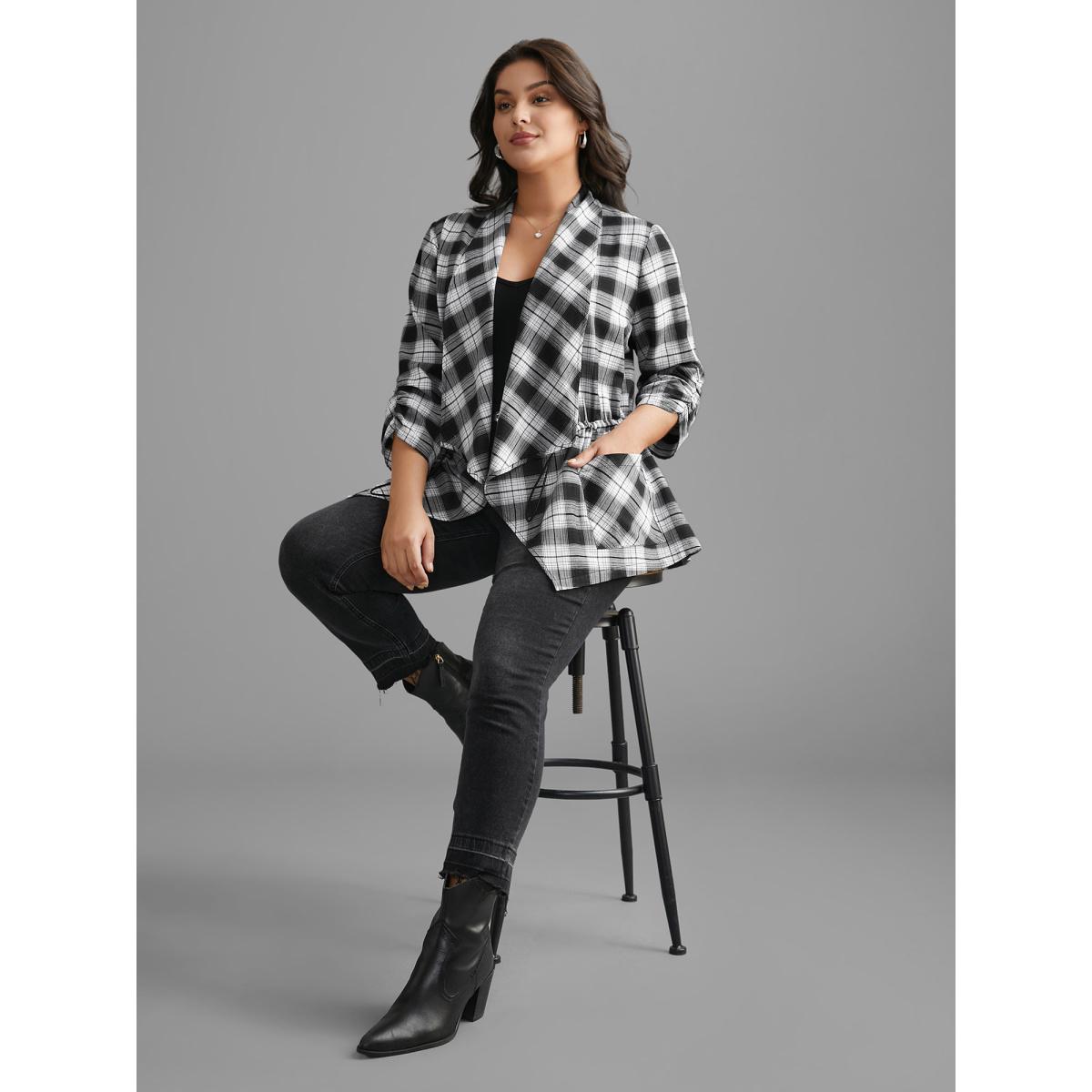 Plus Size Plaid Drawstring Patched Pocket Coat Women Black Elegant Drawstring Ladies Everyday Winter Coats BloomChic 12/L Product Image
