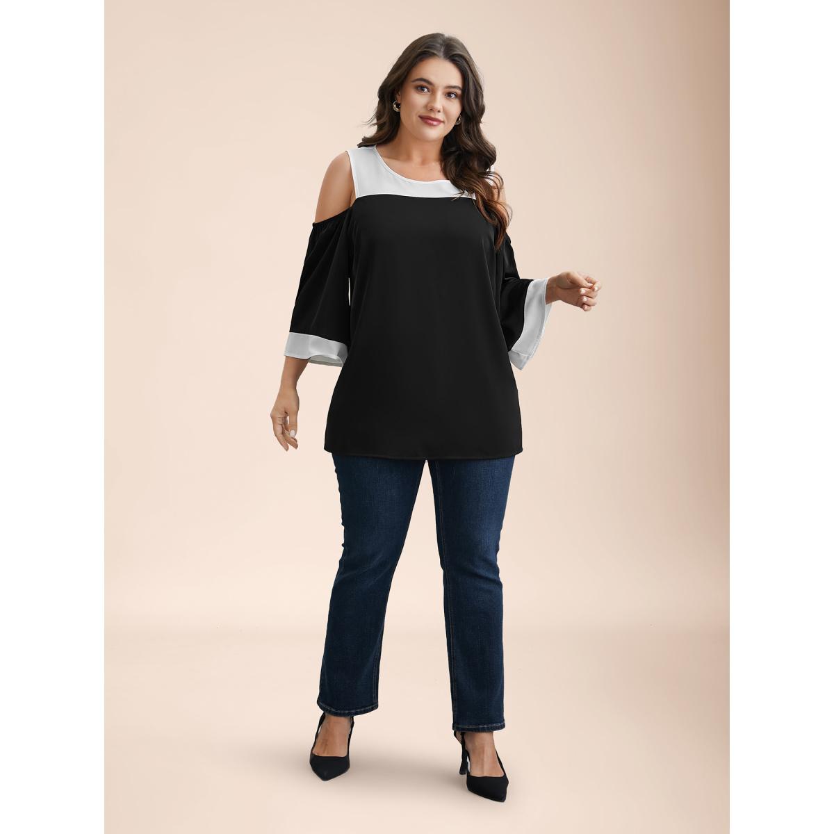 Plus Size Black Color-Block Off-Shoulder Pleated Blouse Women Elegant Elbow-length sleeve Round Neck Everyday Blouses BloomChic 26/4X Product Image