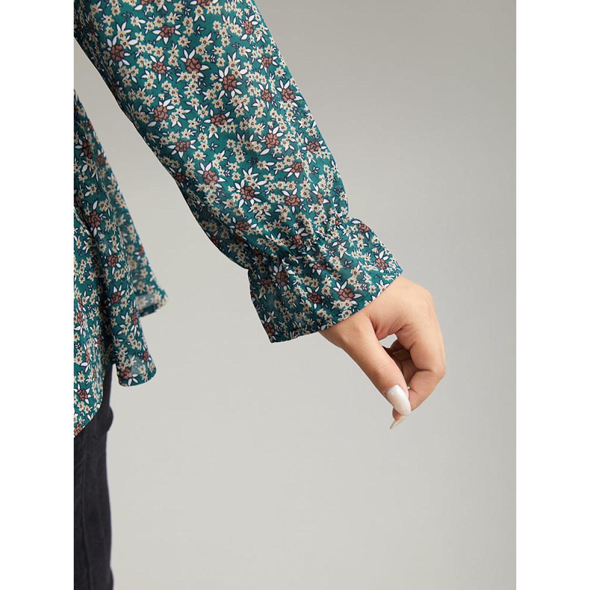 Plus Size DarkGreen Chiffon Ditsy Floral Elastic Waist Ruffle Hem Blouse Women Elegant Long Sleeve V-neck Everyday Blouses BloomChic 28/5X Product Image