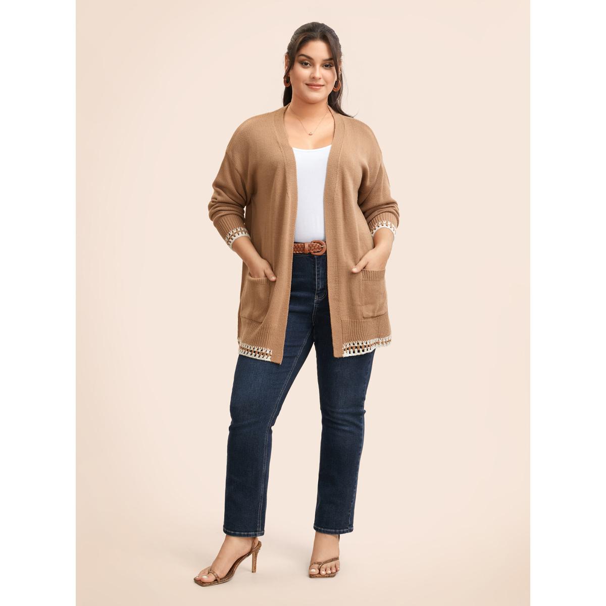 Plus Size Crochet Contrast Wool Blend Cardigan Tan Women Casual Loose Long Sleeve Everyday Cardigans BloomChic 18-20/2X Product Image