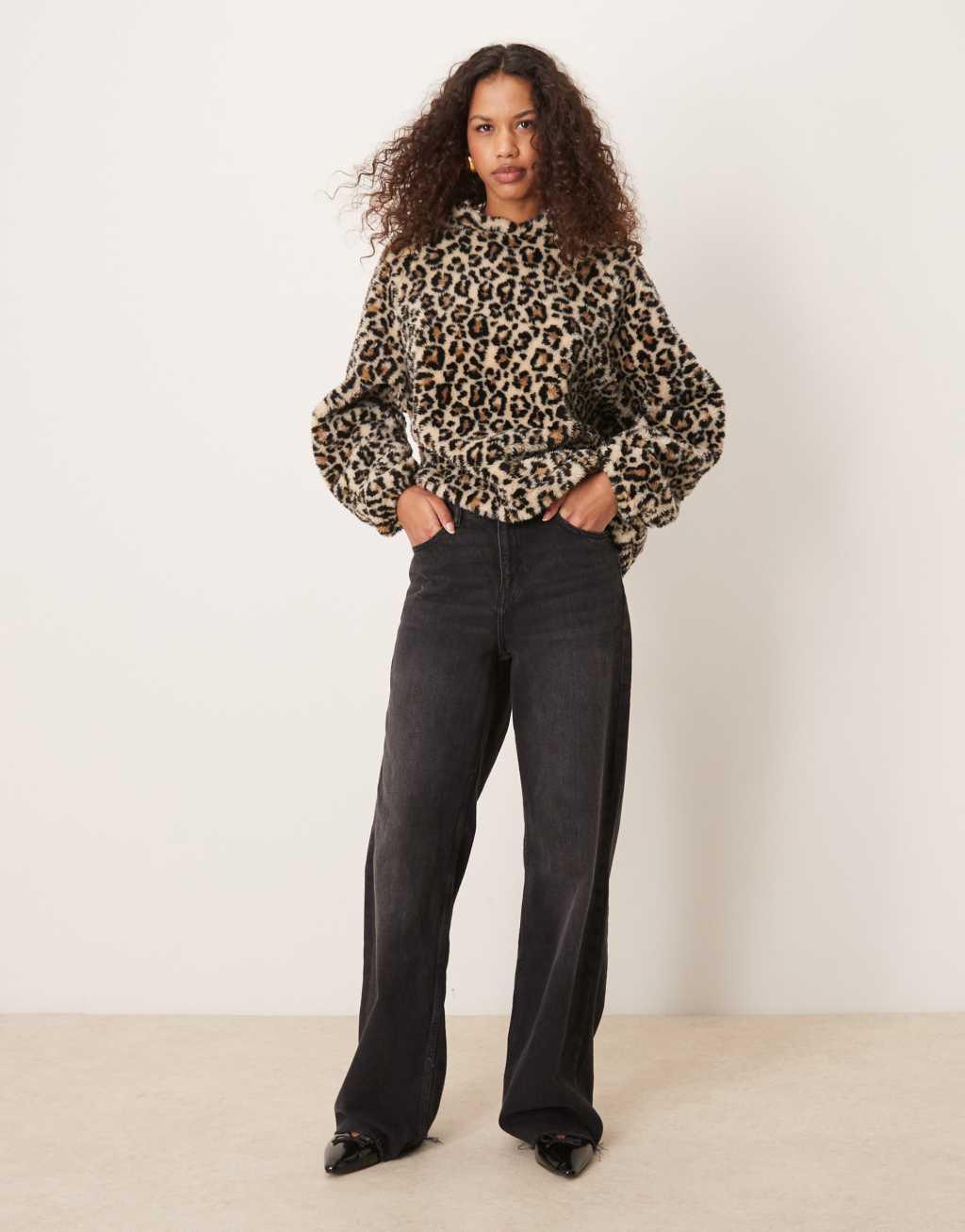 ASOS DESIGN leopard borg hoodie in neutral Product Image
