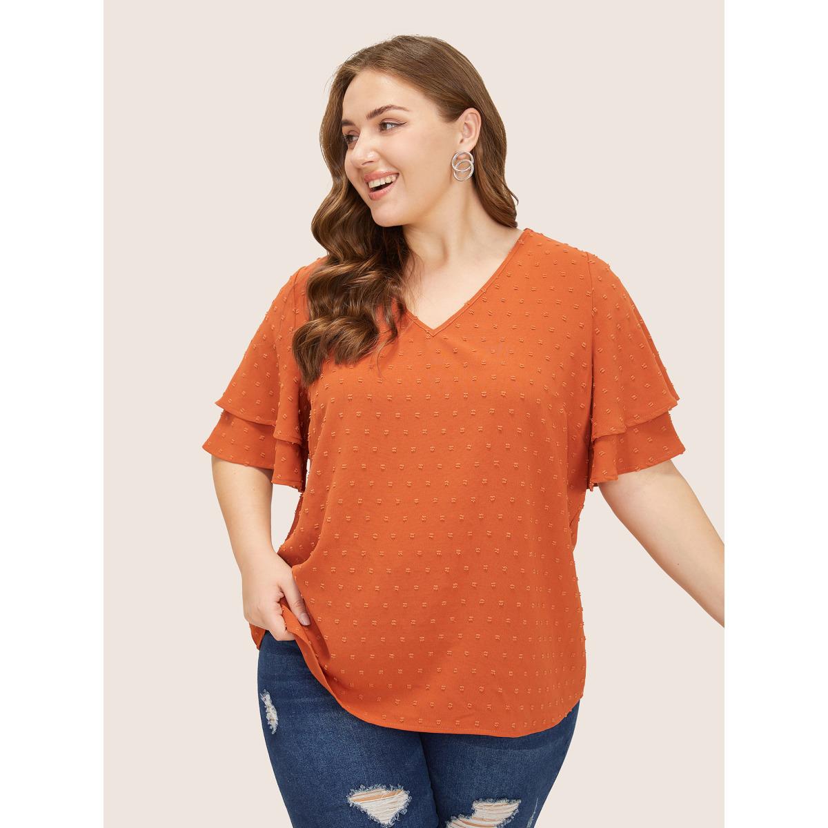 Plus Size Orange Plain Ruffle Tiered Sleeve V Neck Polka Dot Blouse Women Timeless Short sleeve V-neck Elegant Blouses BloomChic 14-16/1X Product Image