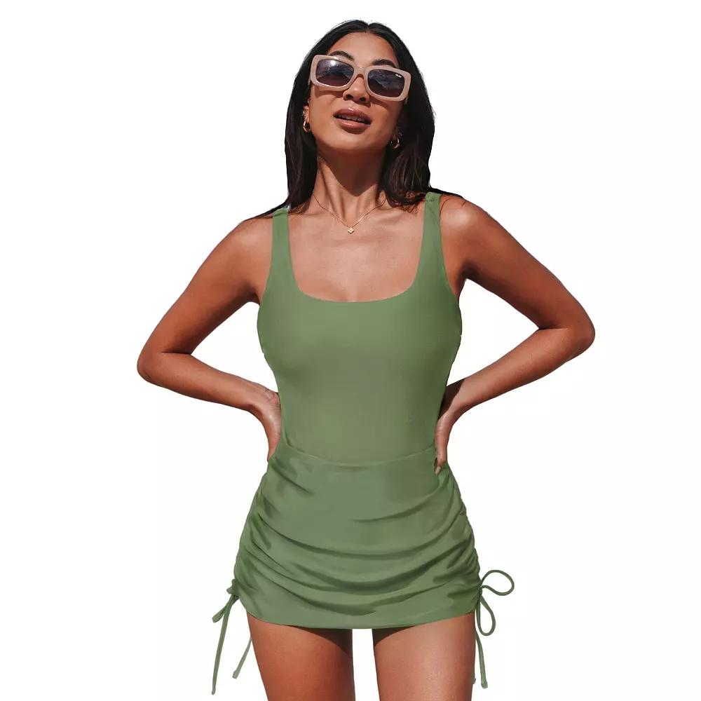 Women's Cupshe Ruched Square Neck Drawstring Side Shirred One-Piece Swim Dress,  Product Image