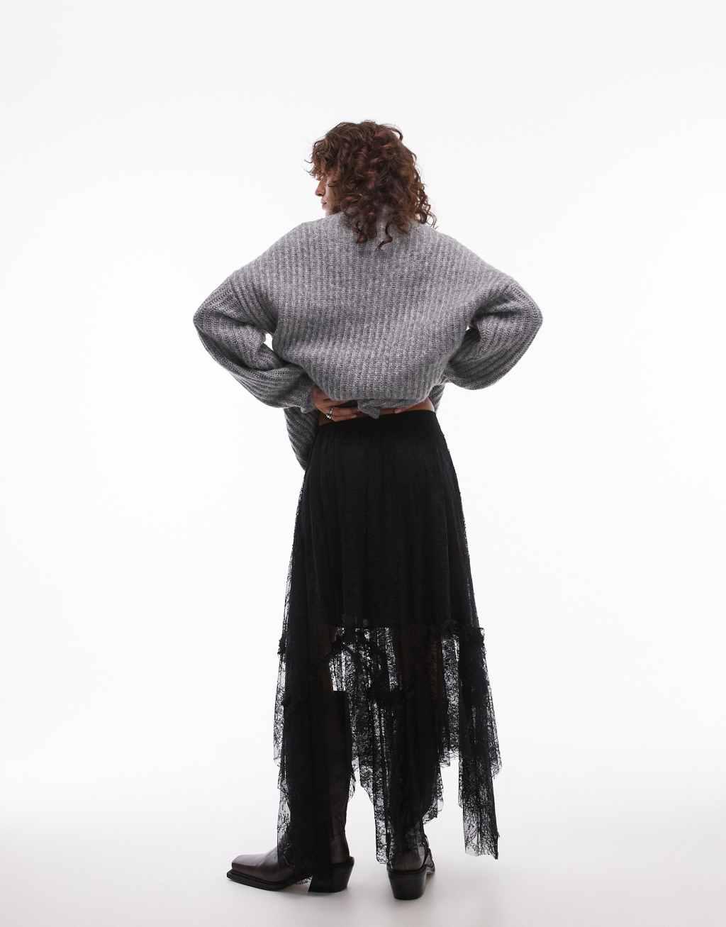 AllSaints Josie lace tulle midi skirt in black Product Image