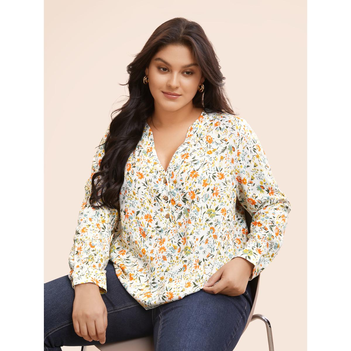 Plus Size WhiteSmoke Floral Notched Gathered Cuff Blouse Women Elegant Long Sleeve Flat collar with V-notch Everyday Blouses BloomChic 30/6X Product Image