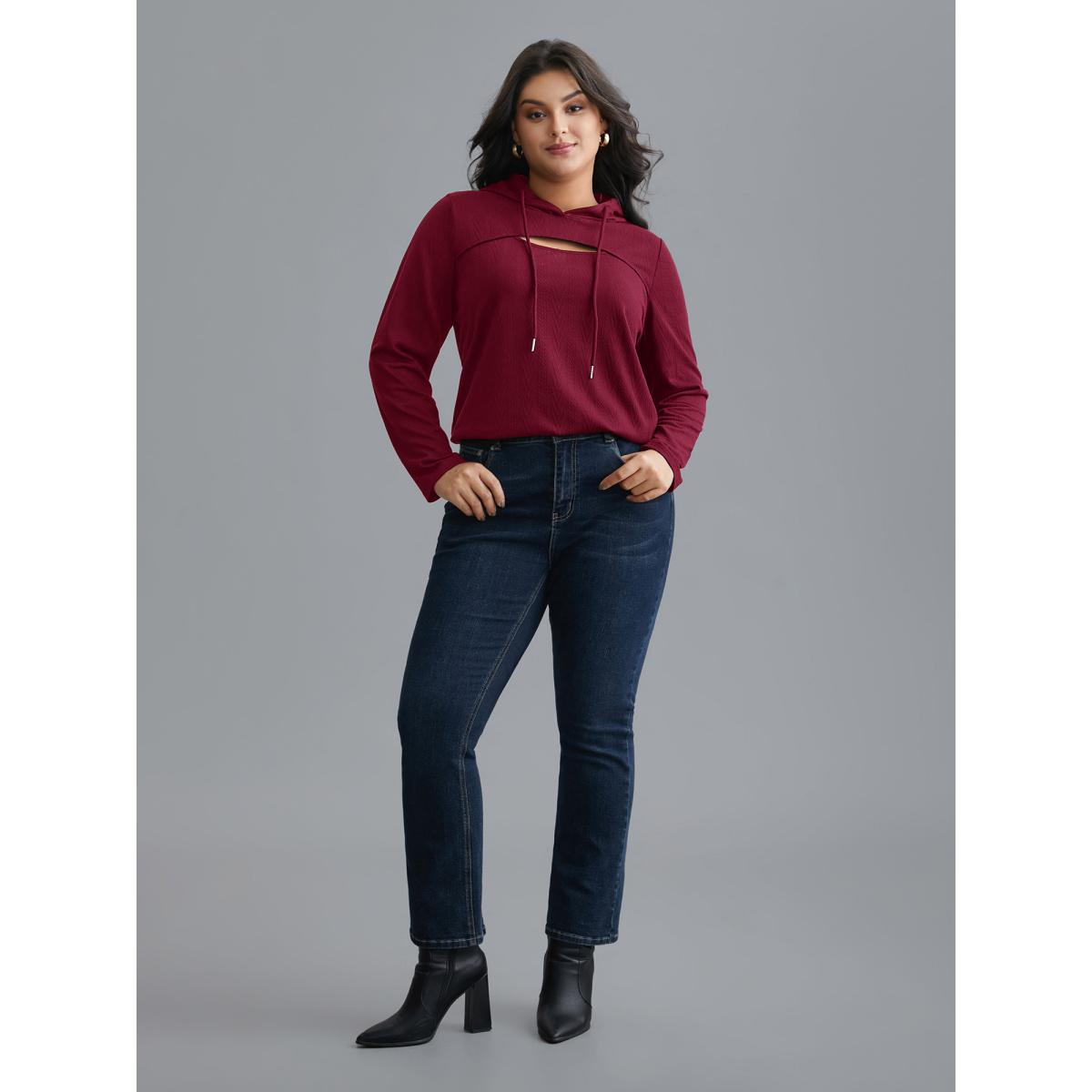 Plus Size Neck Cut-Out Elastic Textured Hoodie Women Burgundy Elegant Texture Bodycon Hooded Everyday Sweatshirts BloomChic 10/M Product Image