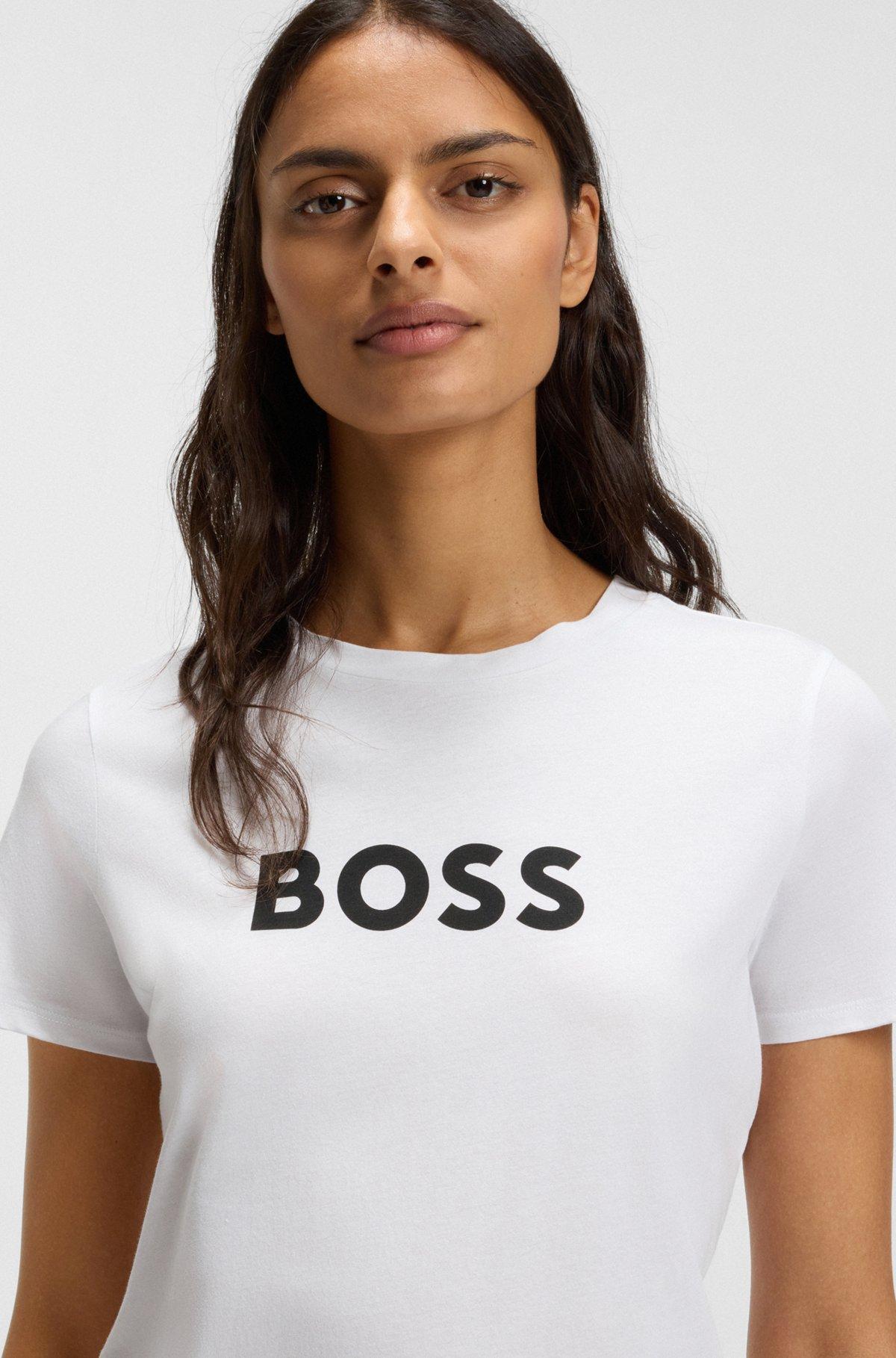 BOSS - Cotton T-shirt with contrast logo stripe - White Product Image