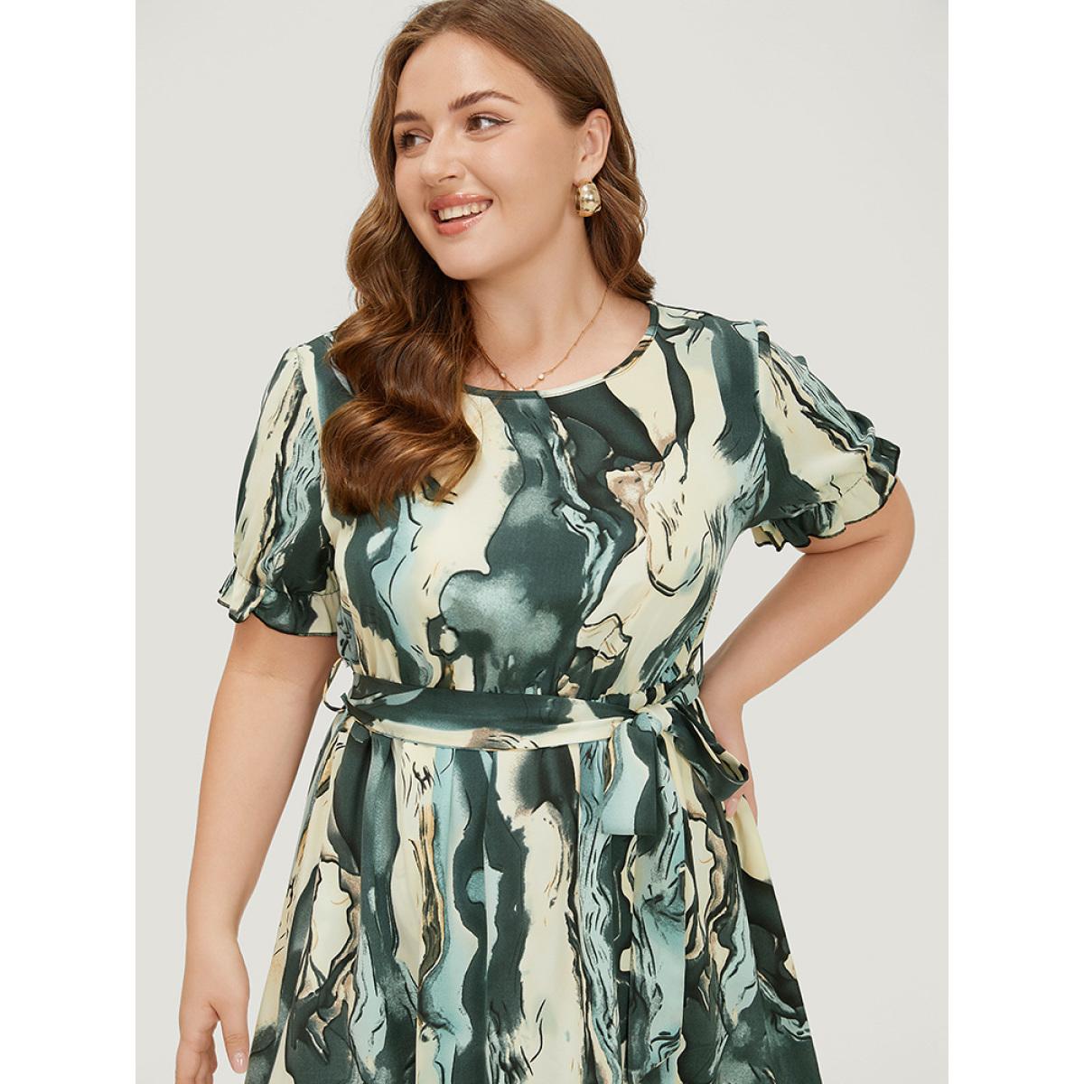 Plus Size Water Ripple Pocket Belt Puff Sleeve Dress Multicolor Women Elegant Round Neck Short sleeve Curvy Midi Dress BloomChic 10/M Product Image