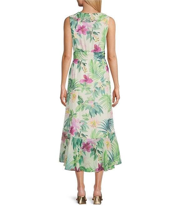 Tommy Bahama Tropical Bliss Crinkle Georgette Surplice V-Neck Sleeveless Ruffle Trim Maxi Dress Product Image
