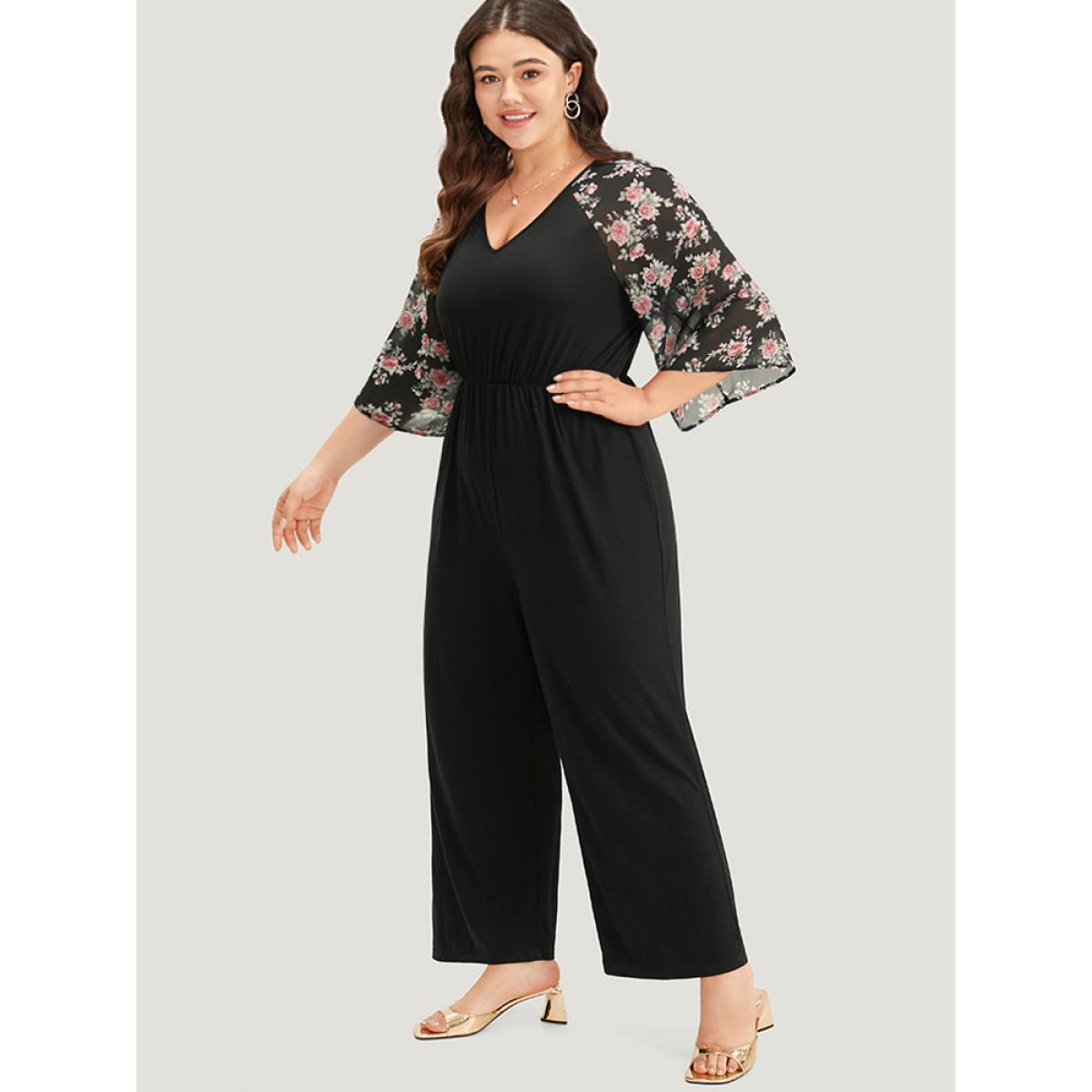 Plus Size BlackFlower Floral Print Ruffles V Neck Raglan Sleeve Jumpsuit Women Elegant Elbow-length sleeve V-neck Dailywear Loose Jumpsuits BloomChic 14-16/1X Product Image