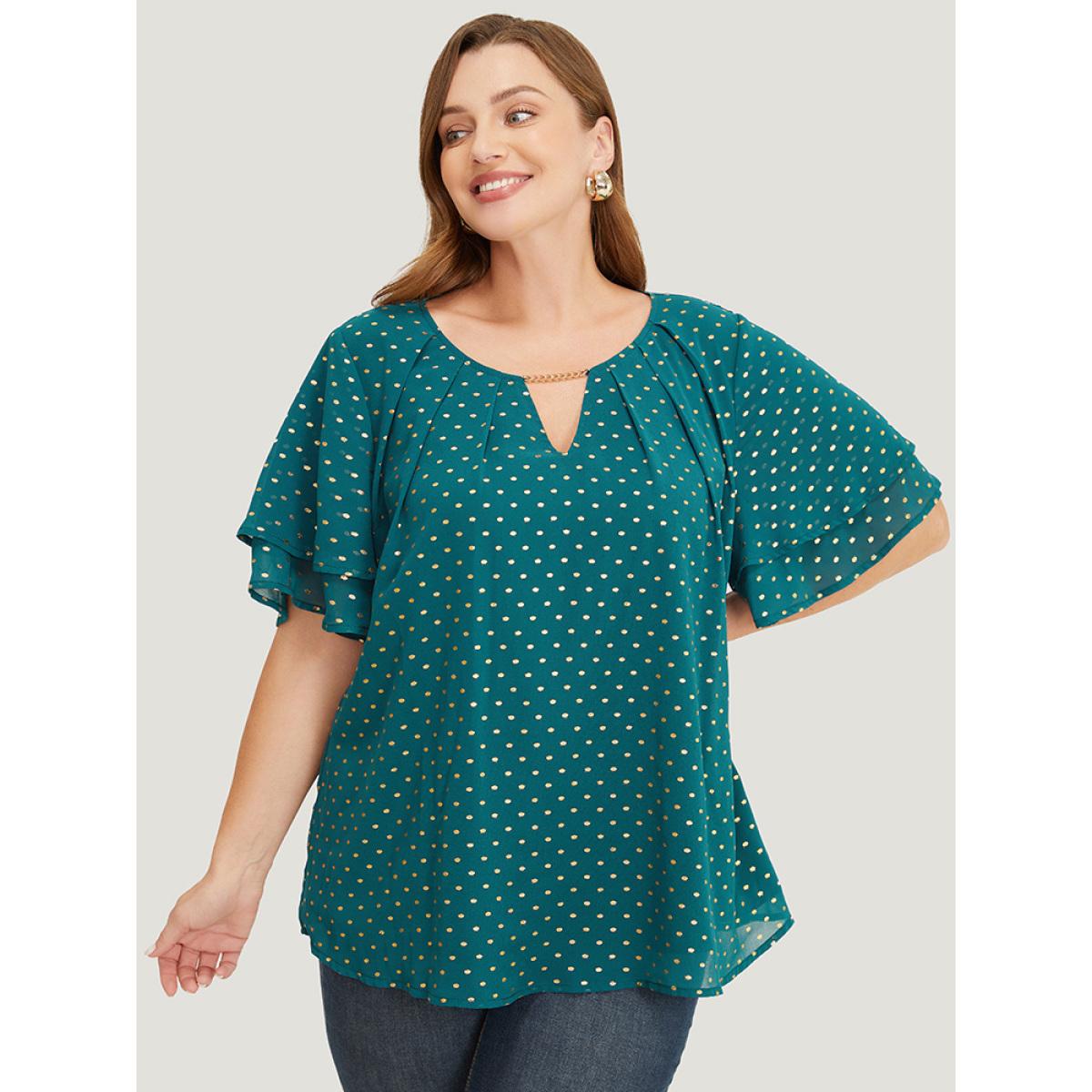 Plus Size DarkGreen Polka Dot Glitter Tiered Sleeve Pleated Keyhole Chain Neck Blouse Women Party Short sleeve Round Neck Going out Blouses BloomChic 30/6X Product Image