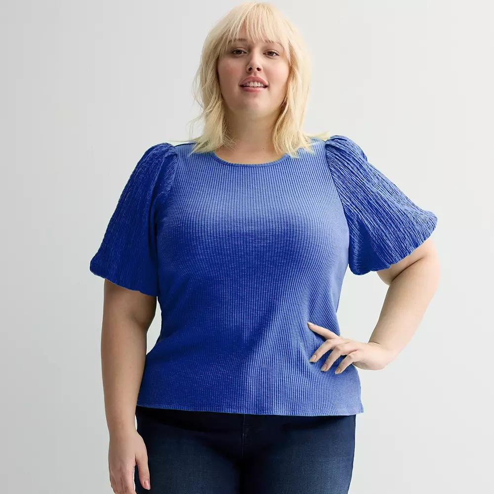 Plus Size Nine West Textured Puff Sleeve Ribbed Knit Top, Women's, Size: 0X, Wesley Purple Product Image