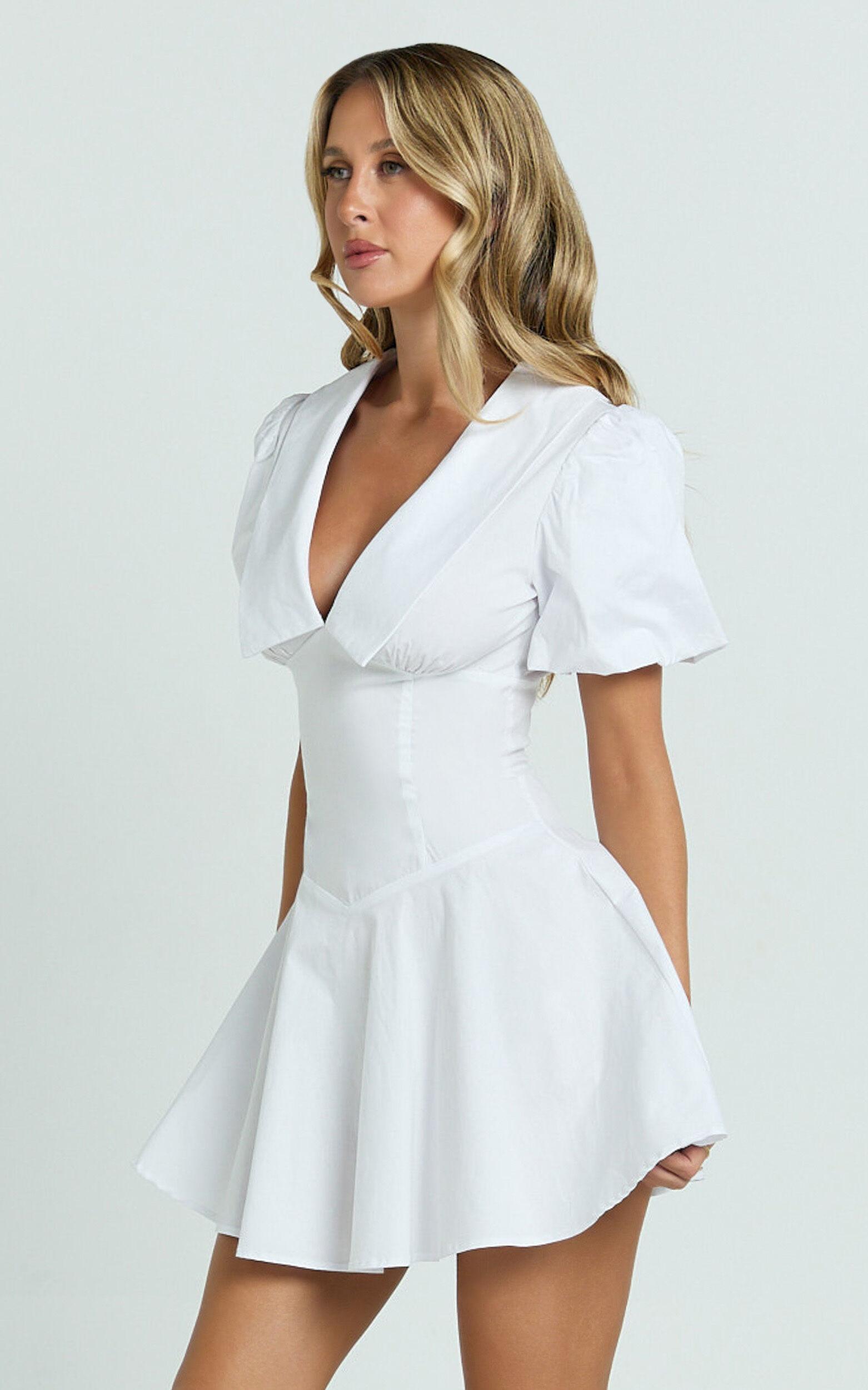 Lucy Mini Dress - Deep V Oversized  Collar Puff Sleeve A Line Dress in White Product Image