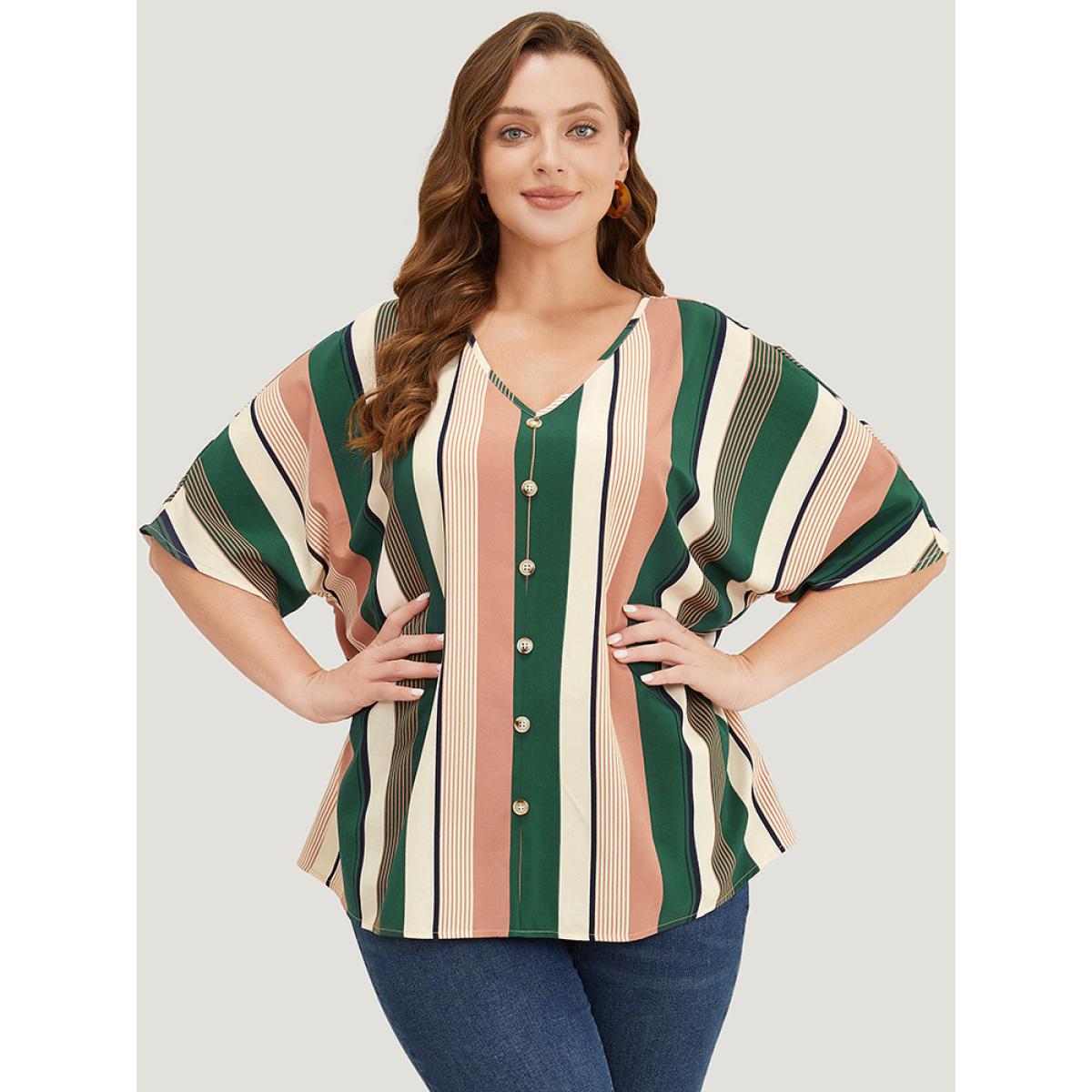 Plus Size Multicolor Striped Print Button Detail Batwing Sleeve Blouse Women Vacation Half Sleeve V-neck Dailywear Blouses BloomChic 10/M Product Image
