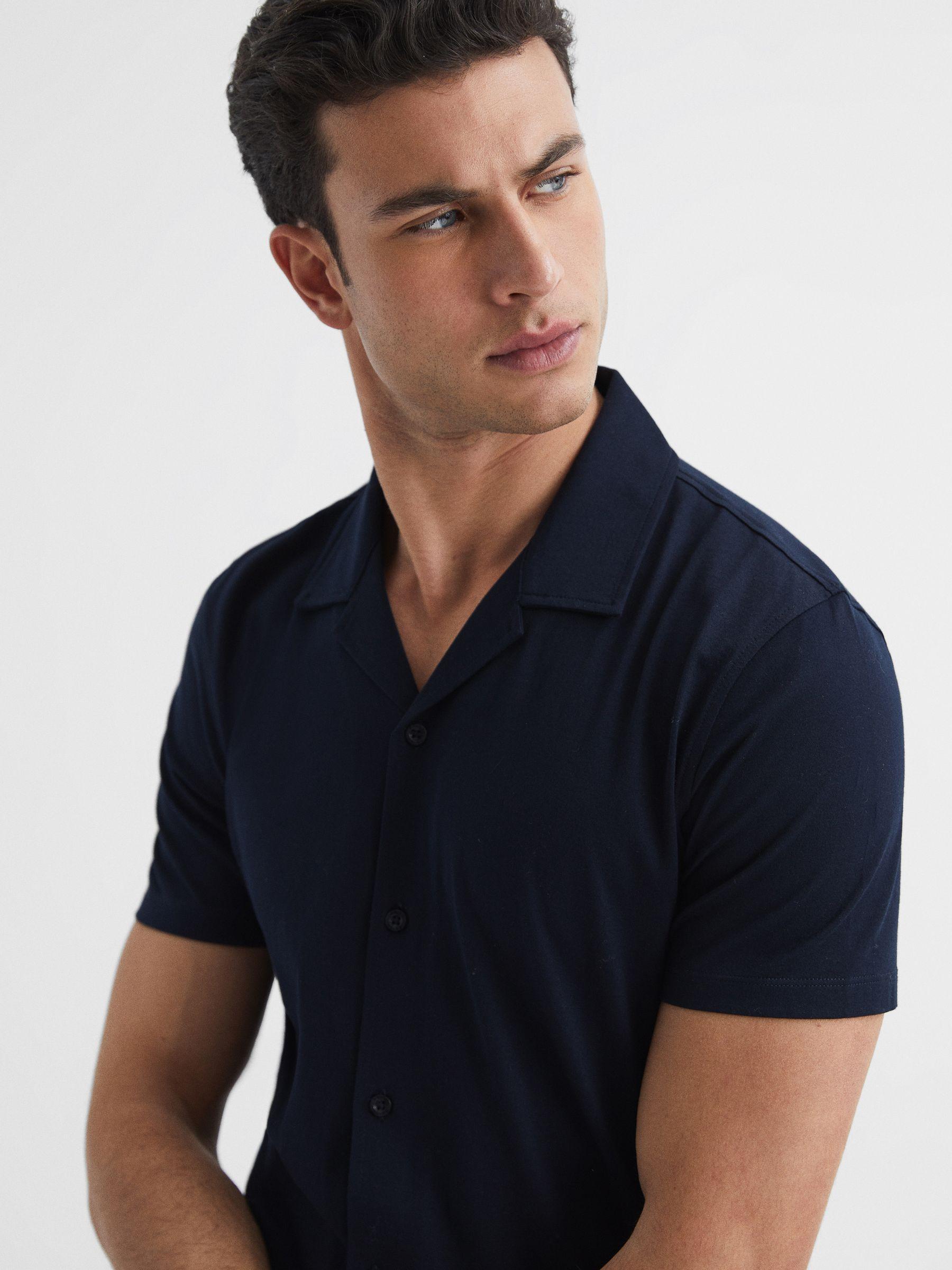 Mercerised 100% Cotton Jersey Cuban Collar Shirt in Navy Product Image