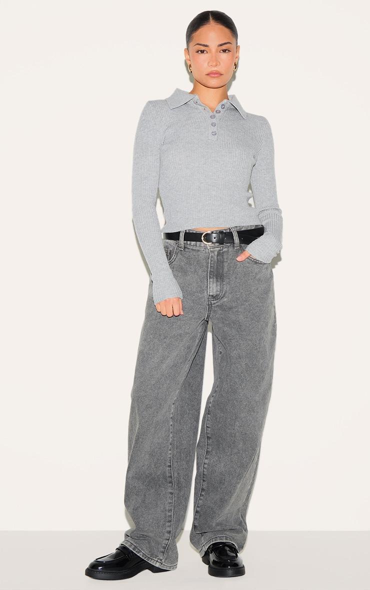 Petite Grey Knit Collared Longline Top Product Image