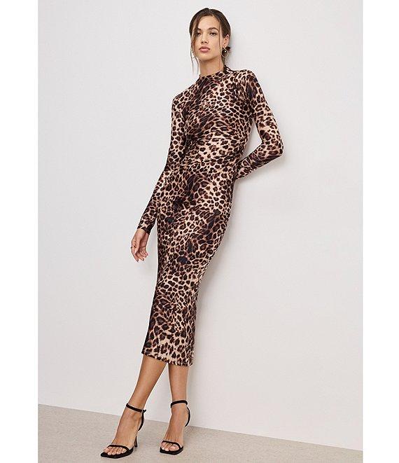 Good American Leopard Print Satin Shine Mock Neck Long Sleeve Bodycon Dress Product Image