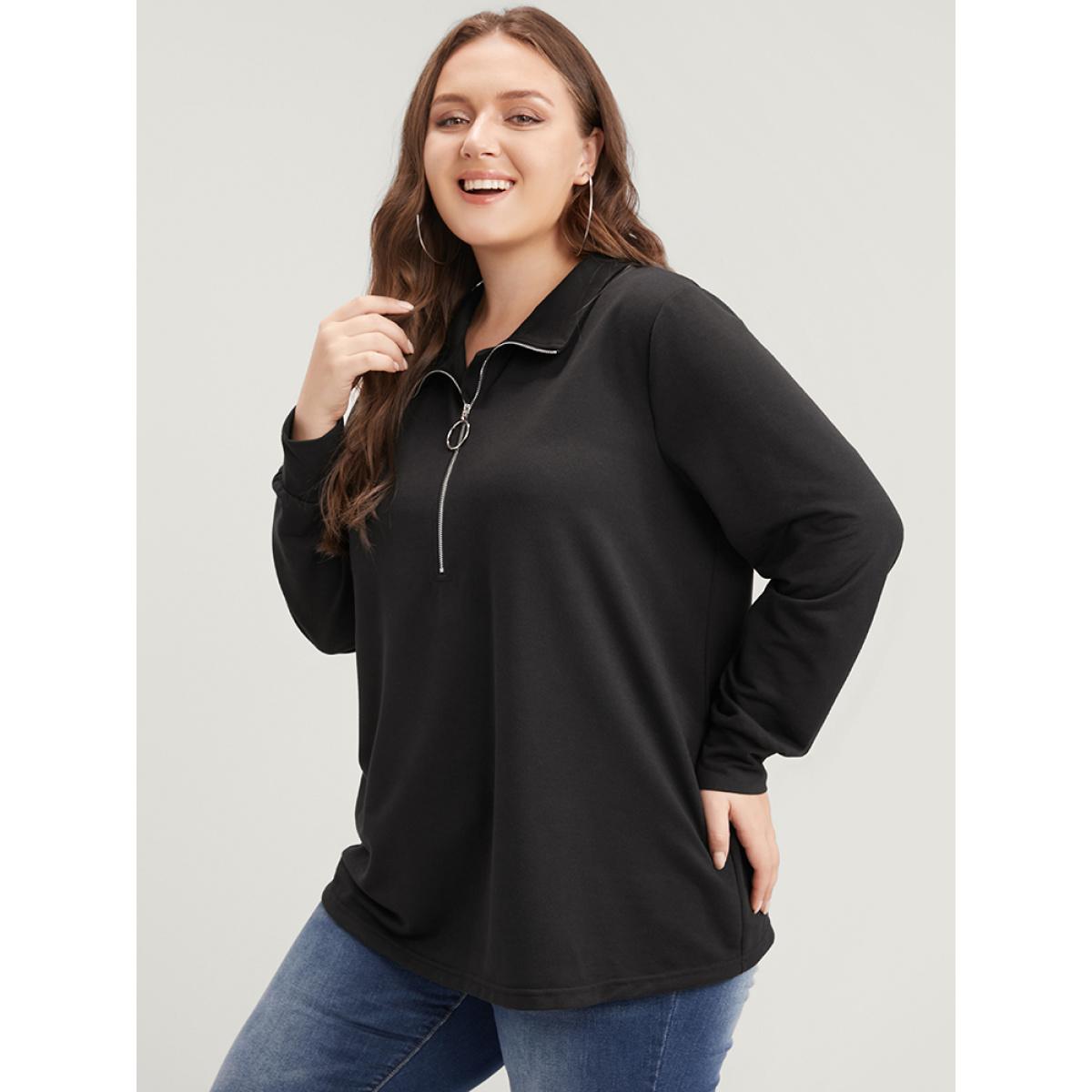 Plus Size Solid O Ring Zipper Drop Shoulder Sweatshirt Women Black Casual Zipper Turtleneck Dailywear Sweatshirts BloomChic 12/L Product Image