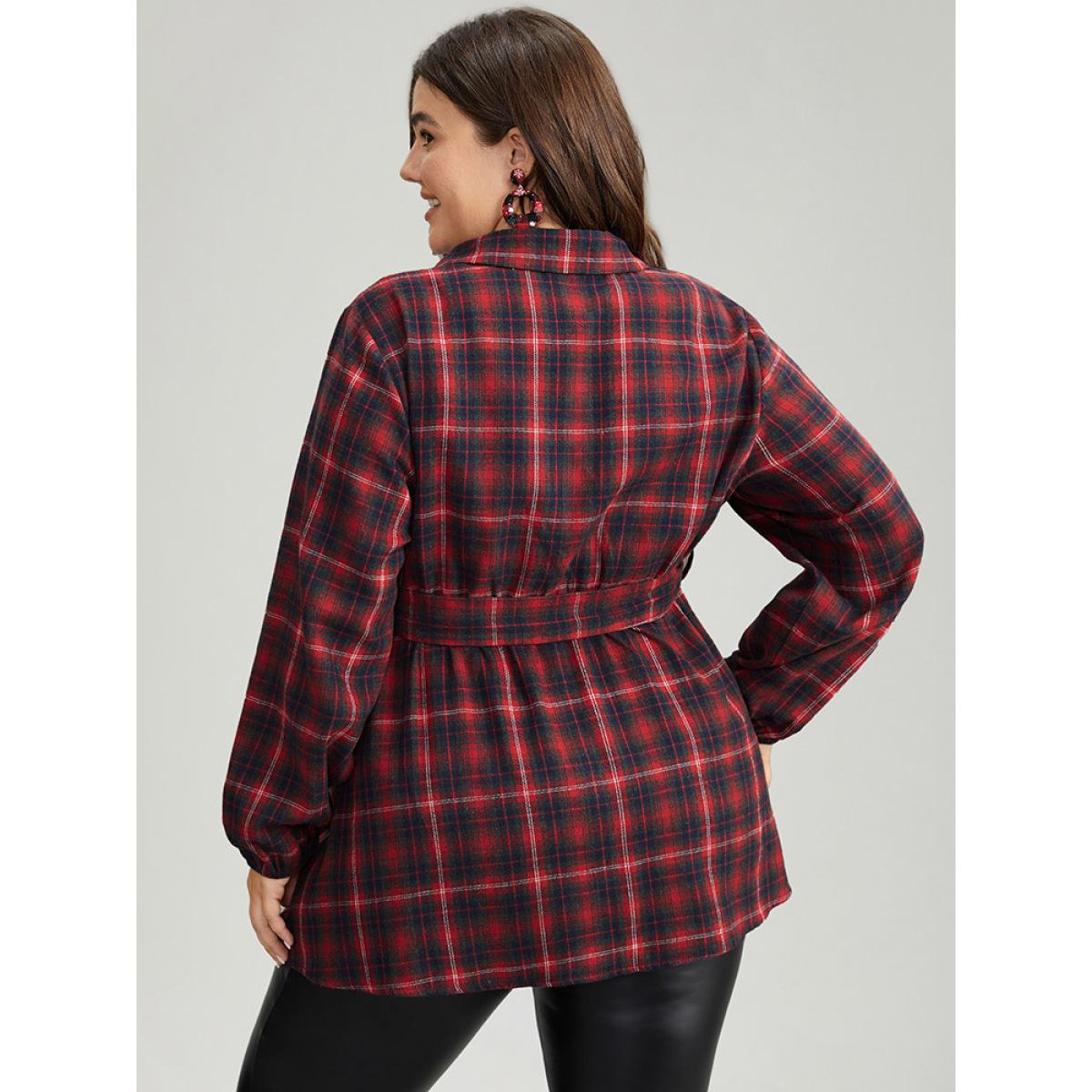 Plus Size Raspberry Plaid Shirt Collar Belted Button Through Blouse Women Elegant Long Sleeve Shirt collar Festival-Christmas Blouses BloomChic 12/L Product Image