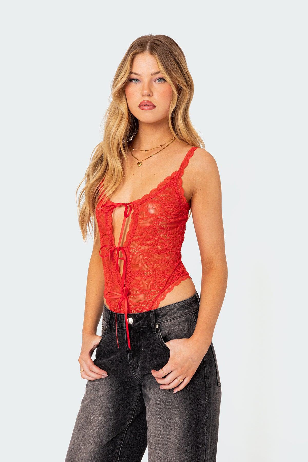 Maribelle Tie Front Sheer Lace Bodysuit Product Image
