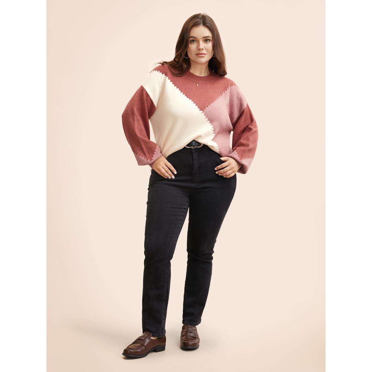 Plus Size Colorblock Contrast Round Neck Pullover DustyPink Women Casual Long Sleeve Round Neck Everyday Pullovers BloomChic 12/L Product Image