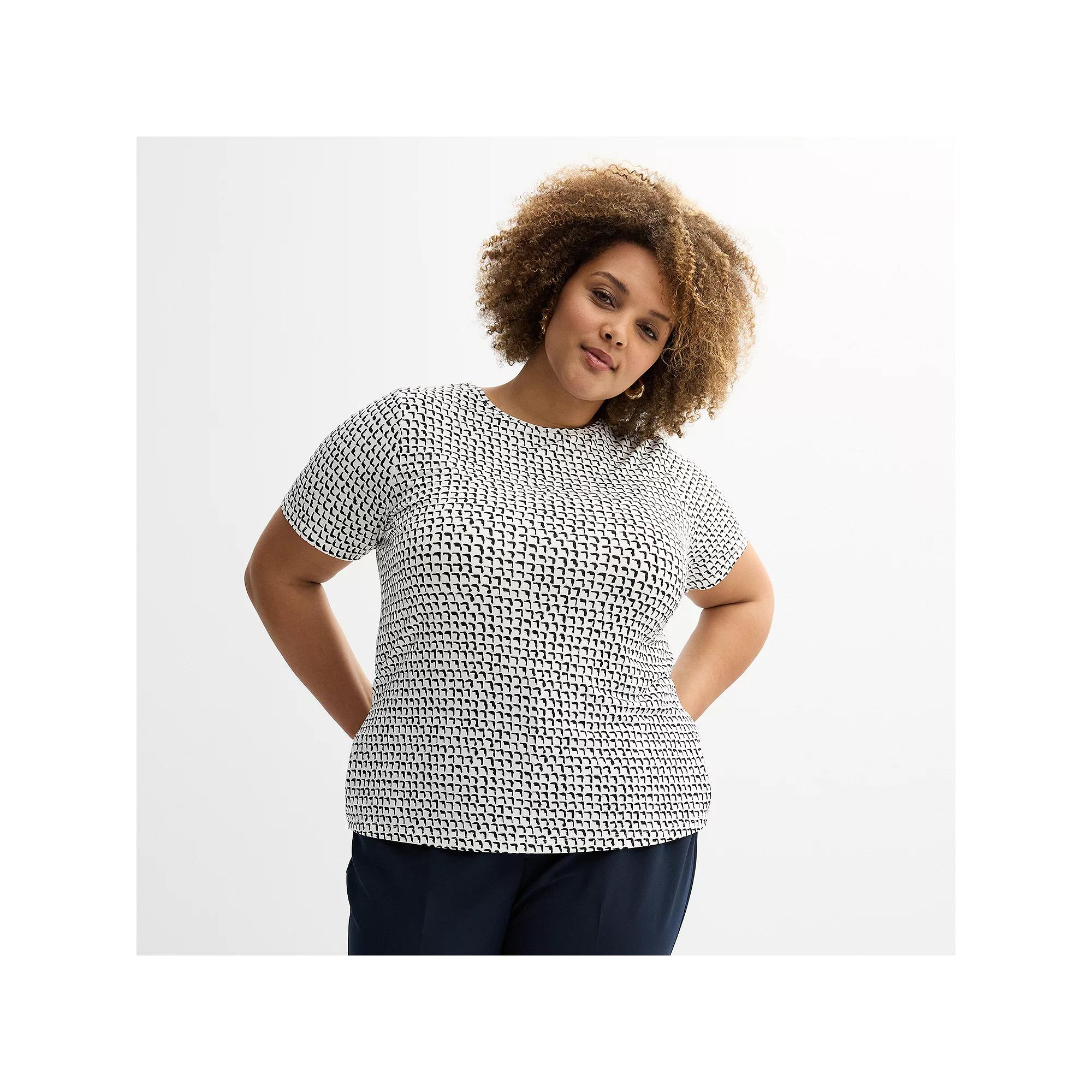 Plus Size Nine West Essential Crewneck Tee, Women's, Size: 0X, White Shadow Squares Product Image