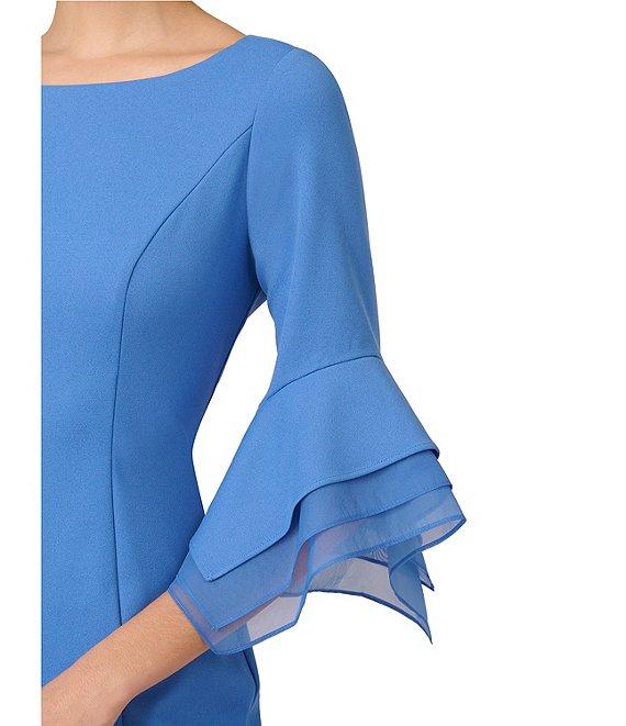 Adrianna Papell Petite Size 3/4 Bell Sleeve Boat Neck Stretch Crepe Knit Sheath Dress Product Image