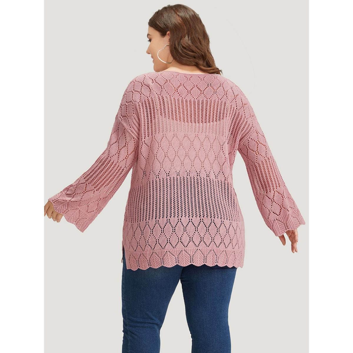 Plus Size Supersoft Essentials Hollow Out Split Side Bell Sleeve Pullover Watermelon Women Casual Loose Long Sleeve Round Neck Everyday Pullovers BloomChic 26/4X Product Image